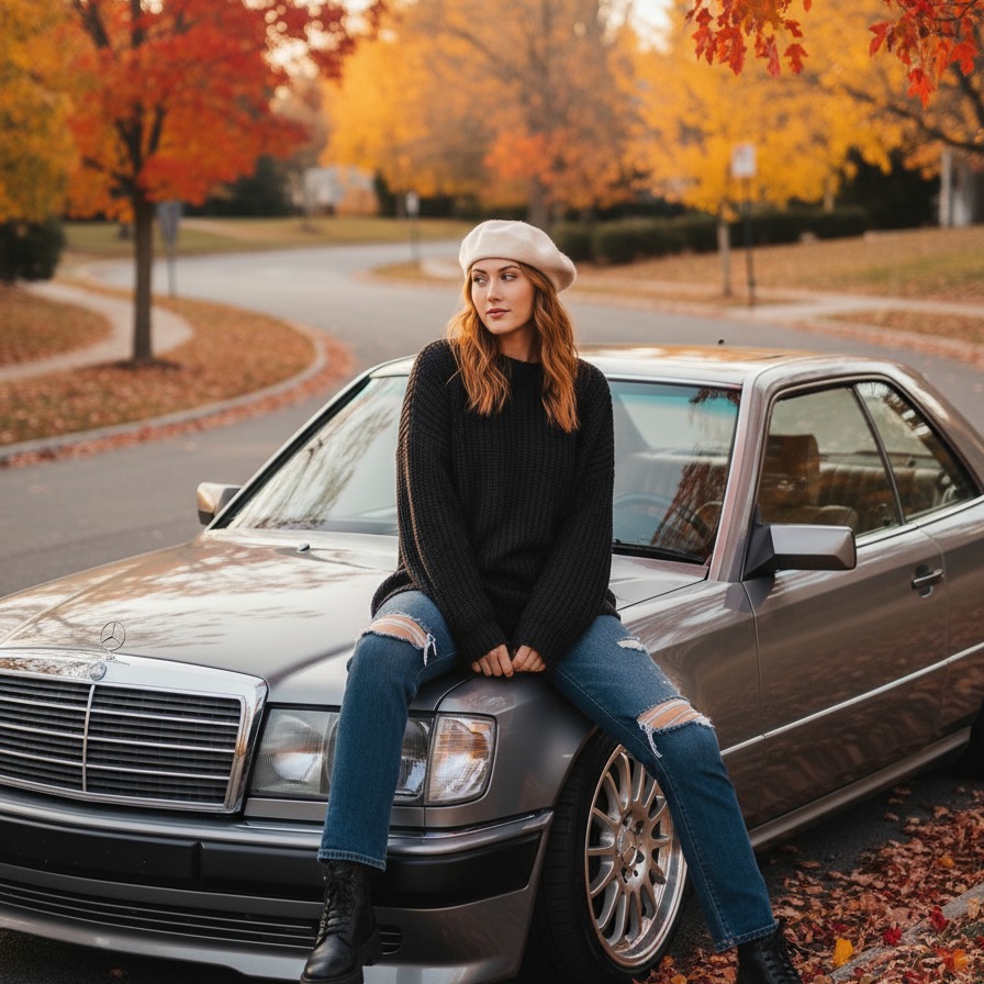 Just out here breaking hearts and speed limits ✨
.
#plushyplushie #sweaterweather #ootd #love #mercedes #300e #fallfashion