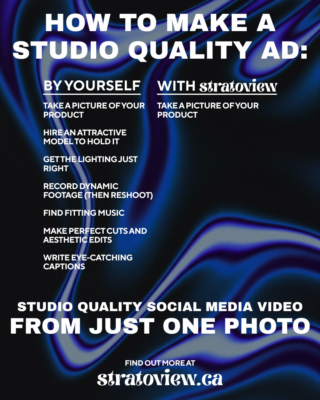 Making high quality ads for your business doesn't have to be difficult, but trying to tackle it on your own takes a lot of time and effort that you should really be using to run your operations.
Stratoview makes your business studio quality ads from just one product photo, placing your offering into the hand of any model, in any setting, in any lighting!
Take a look at what we've made, and see how your company can use Stratoview's services at stratoview.ca
