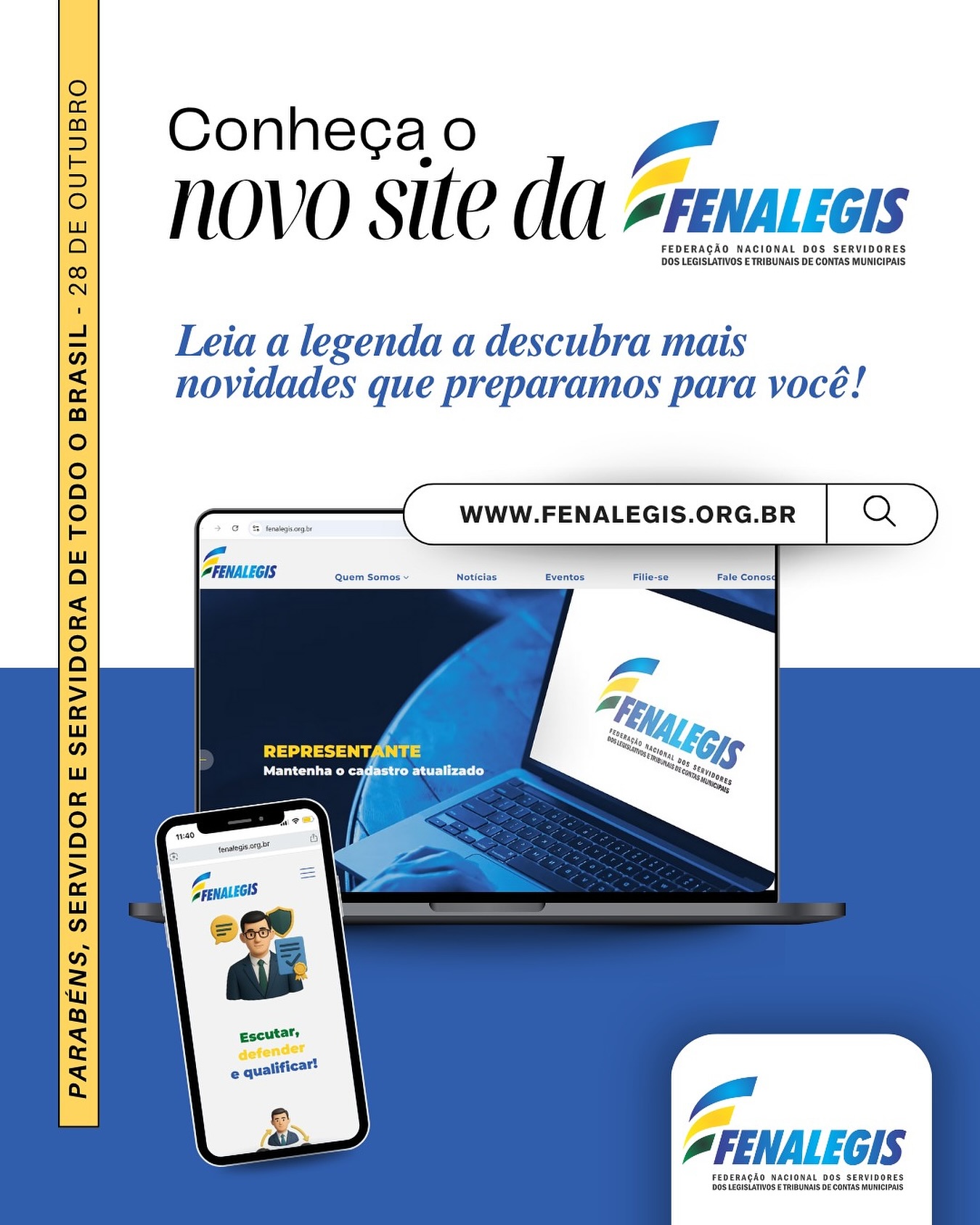 Neste Dia do Servidor, parabenizamos todos os servidores dos legislativos e tribunais de contas municipais do Brasil.
Temos a alegria de comunicar que o NOVO site da Fenalegis está no ar. Ele está mais moderno e dinâmico e representa um grande passo para a federação. Acesse https://www.fenalegis.org.br.
>> E as novidades não param por aqui...
Em breve, daremos mais detalhes sobre a parceria firmada com Escola do Parlamento da Câmara Municipal de São Paulo para cursos e outras iniciativas para formação e atualização para nossos filiados!
Além disso, também divulgaremos a parceria assinada com o CORECON SP - Conselho Regional de Economia.
Gostou das novidades? Fique ligado(a) aqui no site e nas redes sociais da FENALEGIS para mais informações.
.
.
#diadoservidor #fenalegis #servicopublico #legislativomunicipal #servidorpublico #tcm #tribunaldecontas #servidorapublica