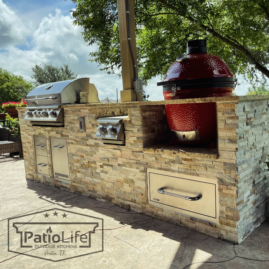 Fire it up! This custom outdoor kitchen features a Bull grill, double side burner, Kamado Joe smoker, granite countertops, and MSI - Golden Honey stacked stone. Built for serious cooks & unforgettable weekends!
#PatioLife
#outdoorkitchens
#kamadojoe
#bullgrills
#patiogoals
#bbqisland
#DesignedwithMSI