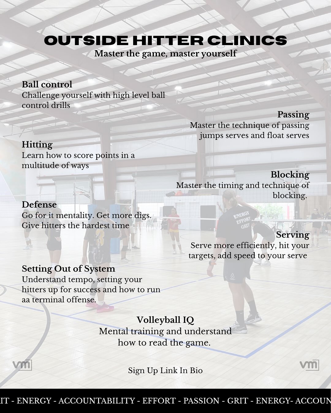 Intermediate and Advanced outside hitter/libero clinics are LIVE!!!
.
Every Saturday starting November 8th we will Intermediate and Advanced Outside hitter and libero clinics! If you are not sure which clinic is the right fit for you please contact us before registering. 📧
.
These session are for motivated individuals really trying to take their game to the next level!! Spots will be limited so sign up before they fill up!!