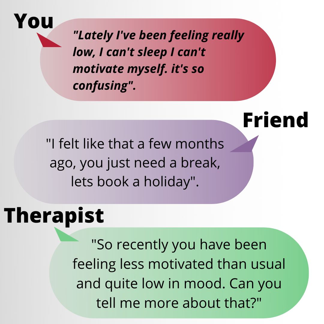 Never underestimate the power of having a good friend who you can turn to in times of need. Who will offer support, advice and a shoulder to cry on. However, Counsellors are not friends and therefore the service you receive from a Counsellor will be different than what you would expect from a friend.
Counsellors are trained to work to strict ethical guidelines. They will not offer you advice, they will not offer sympathy or share their own experiences but they will empathise with you, they will listen and they will reflect back what you have discussed to allow you the opportunity to explore your own thoughts and feelings free form outside influence, from judgement and from imposed beliefs.
.
.
.
.
#couplestherapist
#relationshipworries
#relationshipconsultantonline
#changestartsnow
#counsellorsnearme
#perspectiviveshift
#relationshipsmatter
#marraigecounselling
#couplestherapist
#couplesgoals
#talkinghelps
#compassion
#insightandconnection
#onlinemarriagetharapy
#relationshiphappiness
#zoomcounselling
#overwhelmedbylife
#onlinemarriagetherapist
#learntotalk
#therapythursday
#marriagehelp
#workingmumsuk
#relationships
#bethechangeyouwanttosee
#mentalhealthawareness