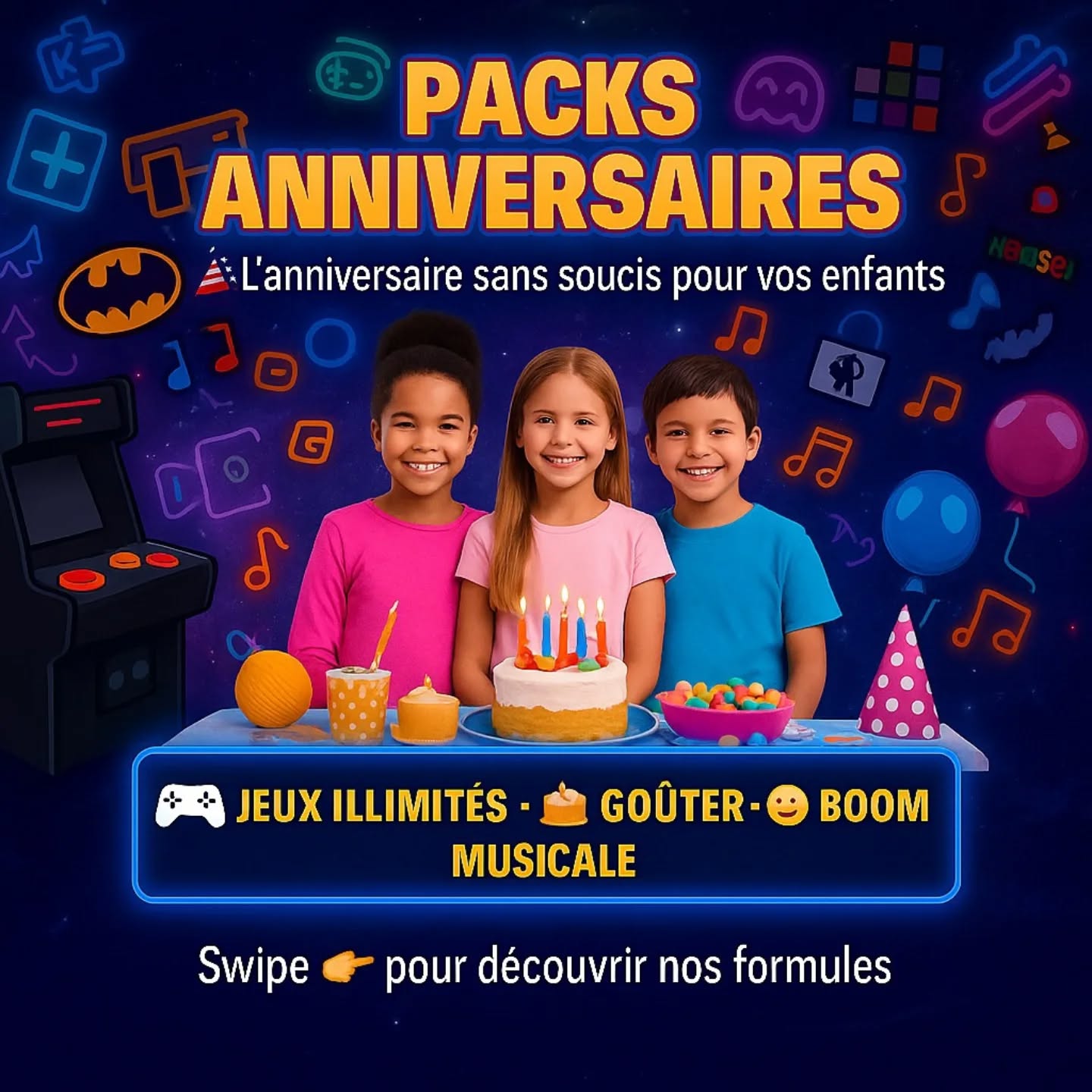 Toutes nos formules anniversaires plus bas, il y en a forcément une pour vous 😉🥳
Formule Pikachu à 19€/enfant pour 1h30
Formule Dracaufeu à 24€/ enfant pour 2h00
Formule Tortank à 29€ / enfant pour 2h30 et gâteau inclu.
🗒 Au programme :
● JEUX ILLIMITES
● 15 min de goûter à l'étage
● 15 min de boom musicale dans une salle privative
Toutes nos formules incluent :
1 boisson par enfant
1 grand sachet de bonbons Haribo tous les 8 enfants
2 adultes accompagnants par tranches de 8 enfants. 5 €/ adulte supplémentaire.
Vaisselle plastique
1 guirlande "Joyeux anniversaire". 10 ballons de baudruche multicolores en décoration
1 Carton d’invitation à télécharger sur le site
1 photo souvenir (format numérique).
3 créneaux disponibles : 10h00 / 13h00 / 16h00
Résa par téléphone ou sur le site internet
#anniversaire
#anniversaireenfant
#fete
#salledejeuxNice
#salledejeux
#arcade
#birthday
#happybirthday
#Nice06