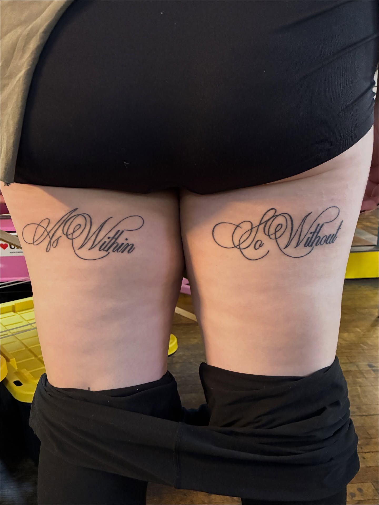 My friend already had as above, so below on the front of their knee, so we added as within, so without to the backs of their thighs to complete the phrase ✨
Absolutely loved bringing this intention full-circle — and it’s fully healed now.
Obsessed with how it settled 🖤
#AsWithinSoWithout #AsAboveSoBelow #ThighTattoo #HealedTattoo #ScriptTattoo #MysticInk #EsotericTattoo #SeattleTattoos #SeattleTattooArtist