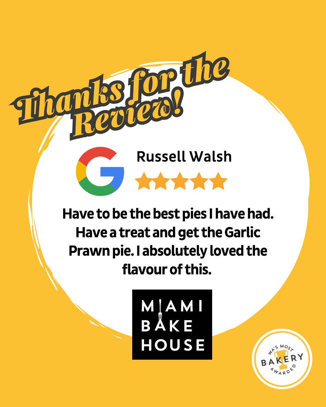Thank you for your amazing review Russell! We are happy to hear you enjoy our Garlic Prawn pie.
You can share your thoughts too! Let our friendly team know how you found your experience with us through the link in our bio and enter our monthly draw to win a $100 Miami Bakehouse Gift Voucher.
