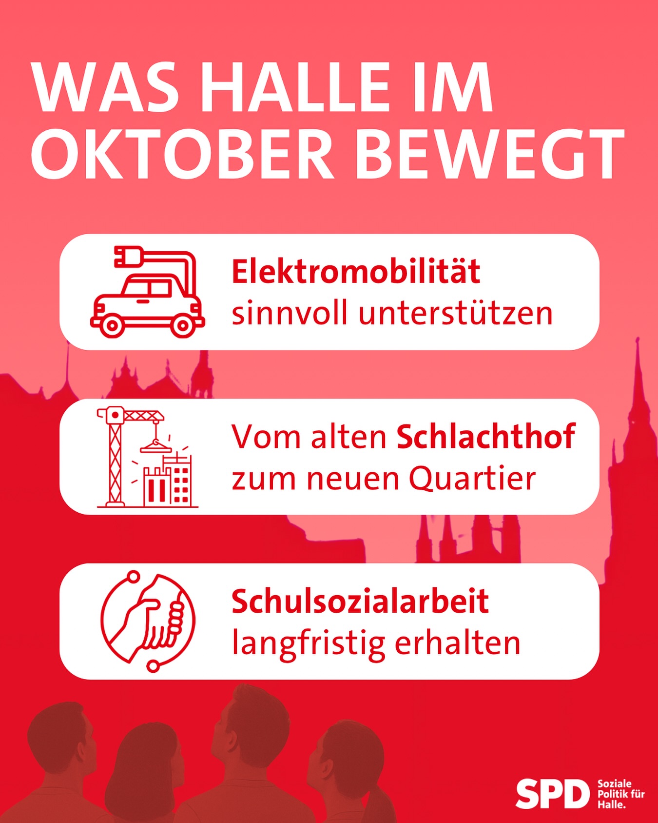 𝗪𝗮𝘀 𝗛𝗮𝗹𝗹𝗲 𝗶𝗺 𝗢𝗸𝘁𝗼𝗯𝗲𝗿 𝗯𝗲𝘄𝗲𝗴𝘁
Heute tagt der Stadtrat. Die Tagesordnung ist voll, drei Punkte stechen aber heraus:
𝗘𝗹𝗲𝗸𝘁𝗿𝗼𝗺𝗼𝗯𝗶𝗹𝗶𝘁ä𝘁 𝘀𝗶𝗻𝗻𝘃𝗼𝗹𝗹 𝘂𝗻𝘁𝗲𝗿𝘀𝘁ü𝘁𝘇𝗲𝗻
Wir wollen eine städtische Ausbaustrategie für Ladesäulen, damit kein Wildwuchs entsteht. In engen Quartieren sollen „Ladebordsteine“ als Option geprüft werden. So kommt die Ladetechnik direkt in den Bordstein.
𝗩𝗼𝗺 𝗮𝗹𝘁𝗲𝗻 𝗦𝗰𝗵𝗹𝗮𝗰𝗵𝘁𝗵𝗼𝗳 𝘇𝘂𝗺 𝗻𝗲𝘂𝗲𝗻 𝗤𝘂𝗮𝗿𝘁𝗶𝗲𝗿
Wir starten ins Planverfahren für Wohnen, Arbeiten und Leben. Kritisch sehen wir den sehr hohen Anteil an Einzelhandel. Der gehört vorrangig in die Innenstadt. Über diese und viele andere Fragen werden wir nun diskutieren.
𝗦𝗰𝗵𝘂𝗹𝘀𝗼𝘇𝗶𝗮𝗹𝗮𝗿𝗯𝗲𝗶𝘁 𝗹𝗮𝗻𝗴𝗳𝗿𝗶𝘀𝘁𝗶𝗴 𝗲𝗿𝗵𝗮𝗹𝘁𝗲𝗻
Gemeinsam mit anderen Fraktionen beantragen wir, dass Schulsozialarbeit als Landesaufgabe mit dauerhaftem Programm etabliert wird. Laufende Projekte sollen langfristig gesichert werden. Perspektivisch soll sie an allen Schulformen, die es wünschen, dauerhaft und vom Land finanziert etabliert werden.