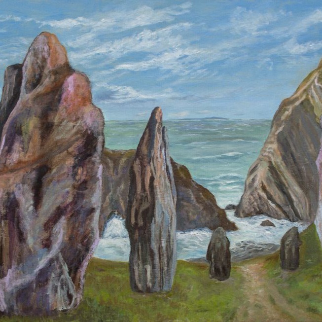 A close-up of a large (150x95 cm) painting of Lulworth Cove, Dorset (Stair Hole) with some of the Clendy Menhirs from Yverdon, Switzerland!