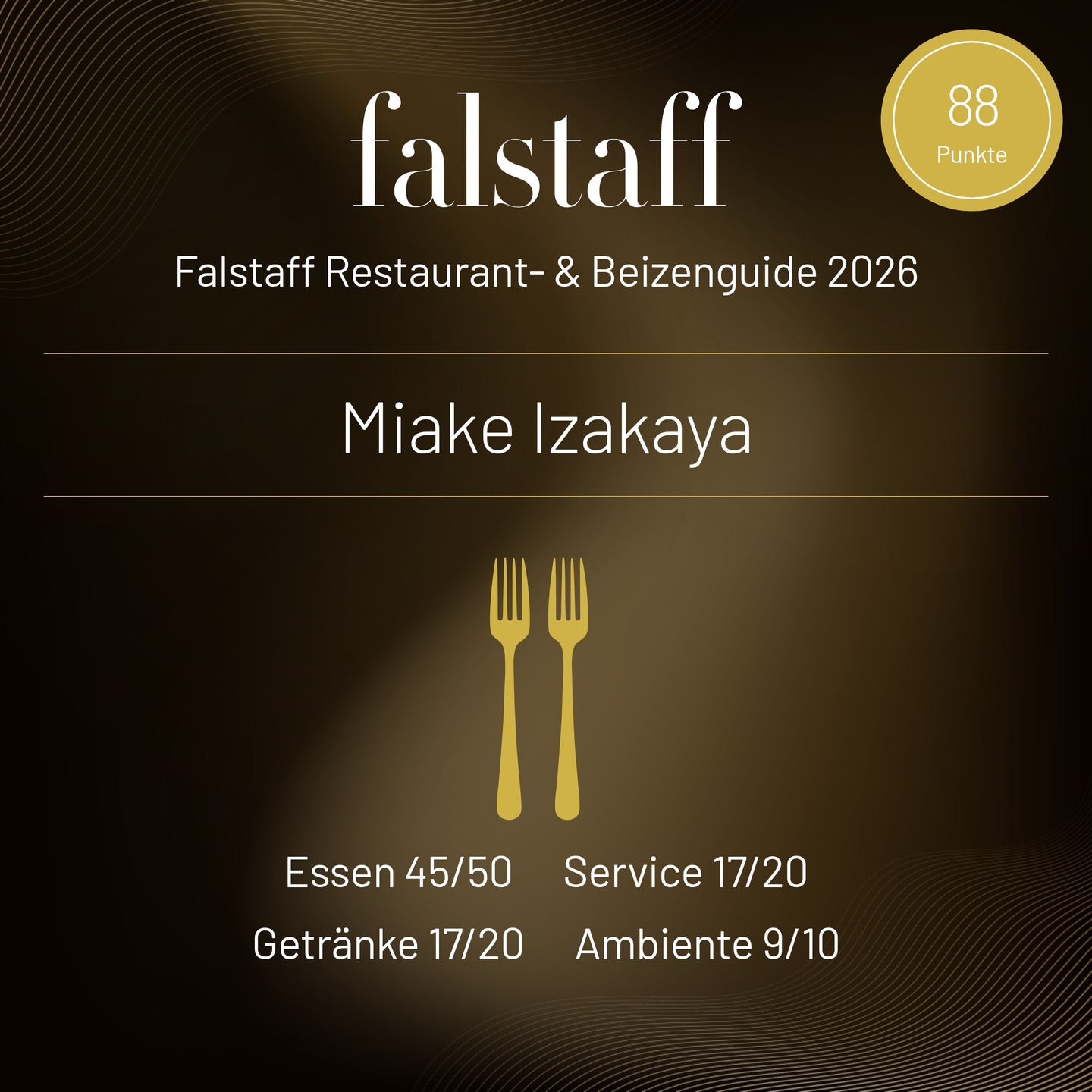 We are proud and honoured to be included in the #falstaff Restaurant & Pub Guide already for the third time in a row. Thank you!
"Stylishly furnished izakaya. The Japanese dining concept is based on conviviality, brings friends and families together at one table and offers a wide selection of dishes to share. Sushi rolls are complemented by warm specialities. Exciting selection of sake."