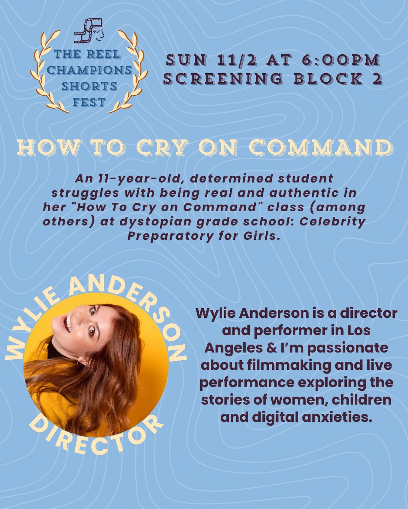 Meet Wylie Anderson @wylieanderson , the director of HOW TO CRY ON COMMAND!
How to Cry on Command is part of the TRC Shorts Fest Block 2.
Tickets and All Access Passes are available for purchase now at our link in bio
Visit www.thereelchamps.com/shortsfest