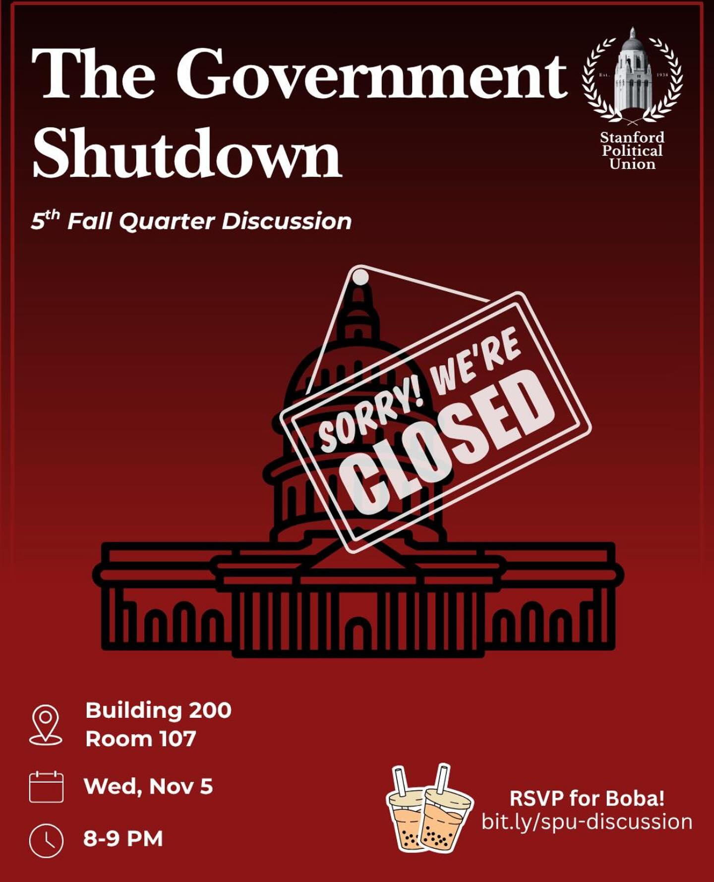 Join us Wednesday, November 5th at 8pm in 200-107 for a discussion on the current Government Shutdown, the effects it has on citizens, and why the government is shutdown to begin with.
RSVP link in bio. 🧋provided!