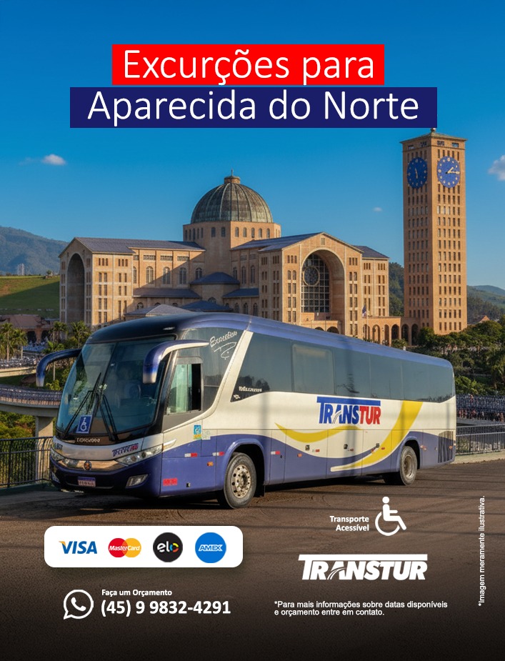 ✨🙏 Uma viagem de fé, devoção e momentos inesquecíveis! 🙏✨
A Transtur leva você para viver uma experiência única em Aparecida do Norte, o maior centro de peregrinação religiosa do país.
Uma oportunidade perfeita para fortalecer a fé, agradecer, renovar as esperanças e viver momentos de paz ao lado de quem você ama.
🚌 Excursões com conforto e segurança
♿ Transporte acessível
💳 Aceitamos cartões (Visa, Mastercard, Elo e Amex)
📍 Roteiro pensado com carinho para que sua viagem seja especial do início ao fim.
Entre em contato e garanta sua vaga!
📲 (45) 9 9832-4291
Venha com a Transtur — transportando você com cuidado, respeito e propósito. ✨