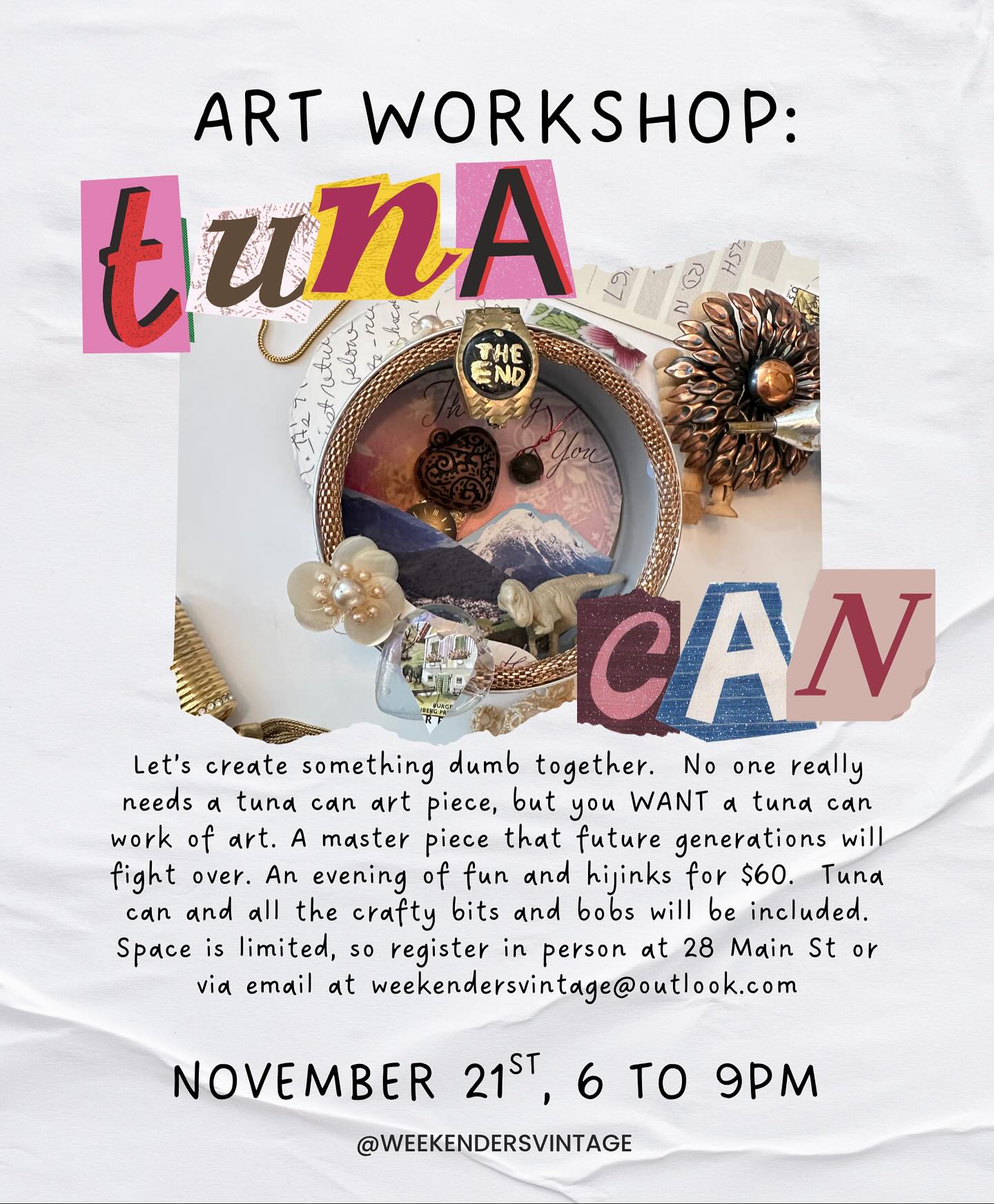 Guess what?
It’s happening people!
Weekenders is offering its first evah WORKSHOP!!
I’ve been in the back office tinkering with this idea for a bit. Making demos for people to visualize and it’s time to launch 🚀
🖼️ TUNA CAN ART 🖼️
Yes, tuna can art.
Something that every home needs.
I’ll supply all the necessary tools and materials for this fun evening. All the broken jewellery, material, postcards, paper, tuna can, glue, paint….🎨
So come on down to the shop to register or email at weekendersvintage@outlook.com
Very limited spaces available.