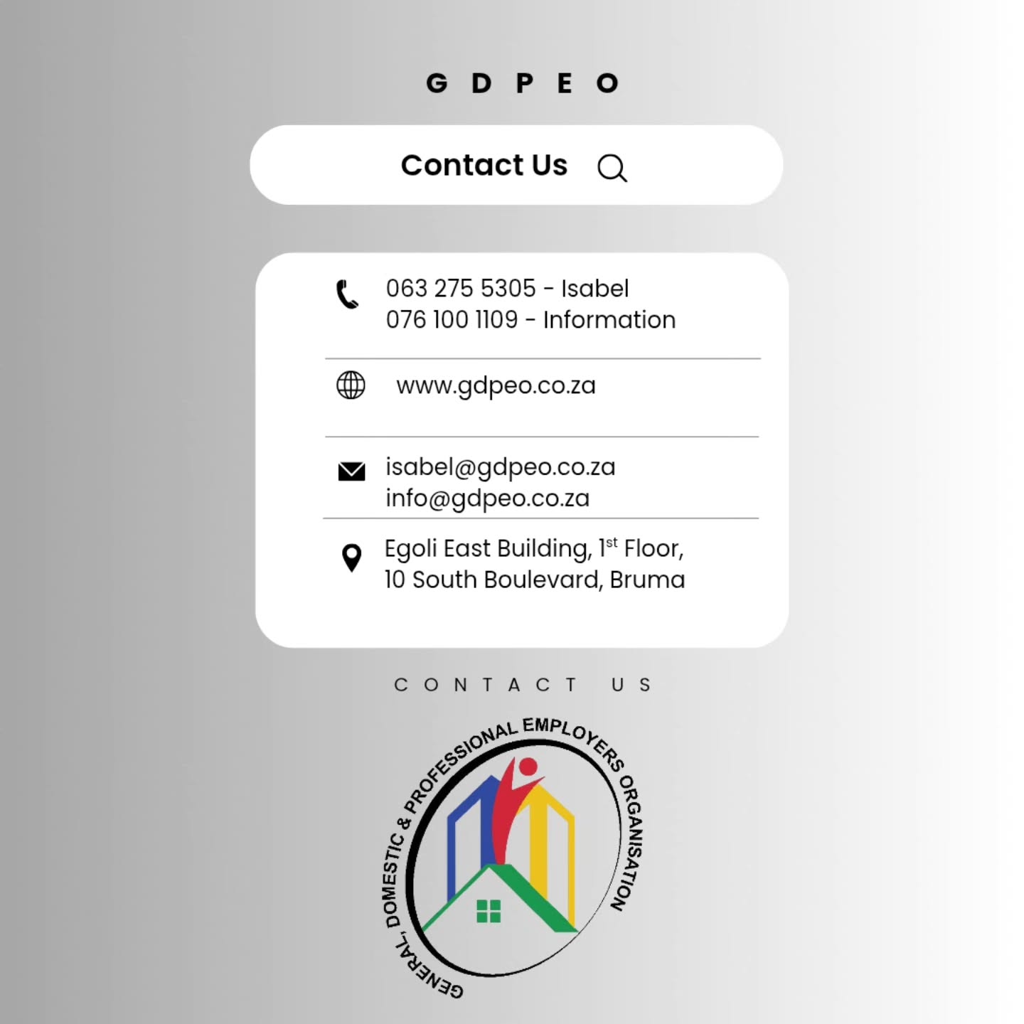 📞 Stay Connected with the GDPEO!
Have questions, feedback, or need support? We’re just a message away.
✉️ Email:
• Queries & Memberships – Isabel@gdpeo.co.za
• Info & Social Media – Info@gdpeo.co.za
🌐 Website: www.gdpeo.co.za
📍 Address:
Egoli East Building, 1st Floor – AHWE Microspace Offices
10 South Boulevard, Bruma, Johannesburg
📲 Instagram: @gdpeo
📞 Contacts:
• Isabel – 063 275 5305
• Information – 076 100 1109
#GDPEO #ContactUs #employersorganisation #labourlaw #StayConnected #Governance #Development #Engagement #Johannesburg #SouthAfrica