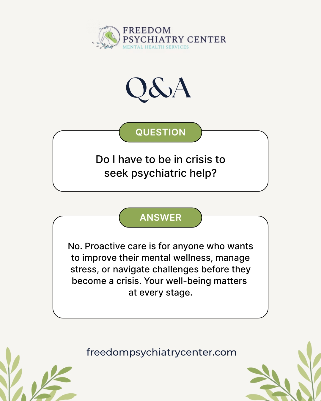 Absolutely not. You don't have to be at a breaking point to seek support. Proactive psychiatric care can help you manage stress, navigate life transitions, or simply feel more like yourself again. If something feels "off," that's a good enough reason to talk to someone.
#FAQFriday #MentalHealthFAQ #ProactiveHealth #SeekHelp #FreedomPsychiatry #MentalHealthSupport #AskAPro #YouDeserveToFeelGood