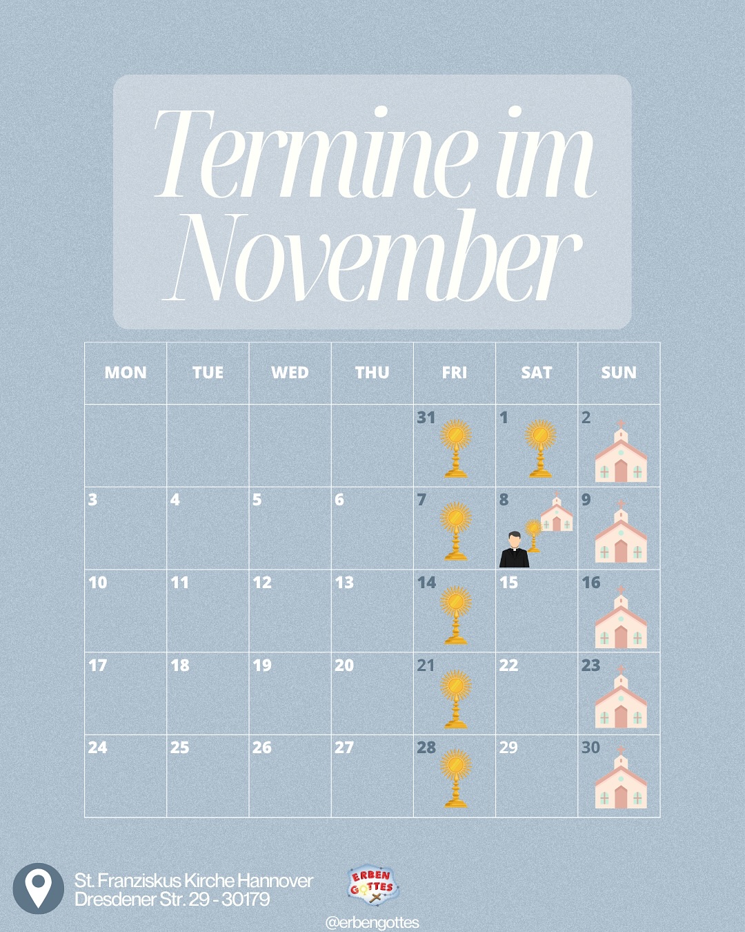 Unsere Termine im November 🍂☂️🍁 Wir freuen uns, wenn DU dabei bist! 😊🫵🏼
Während der eucharistischen Anbetung von 19-24 Uhr ist auch immer jeden Freitag Beichtgelegenheit in der Kapelle auf Deutsch und auch gelegentlich in anderen Sprachen 💒🤍
#kirche #katholisch #jesus #glaube #beichte #gebet #anbetung #lobpreis #hlmesse