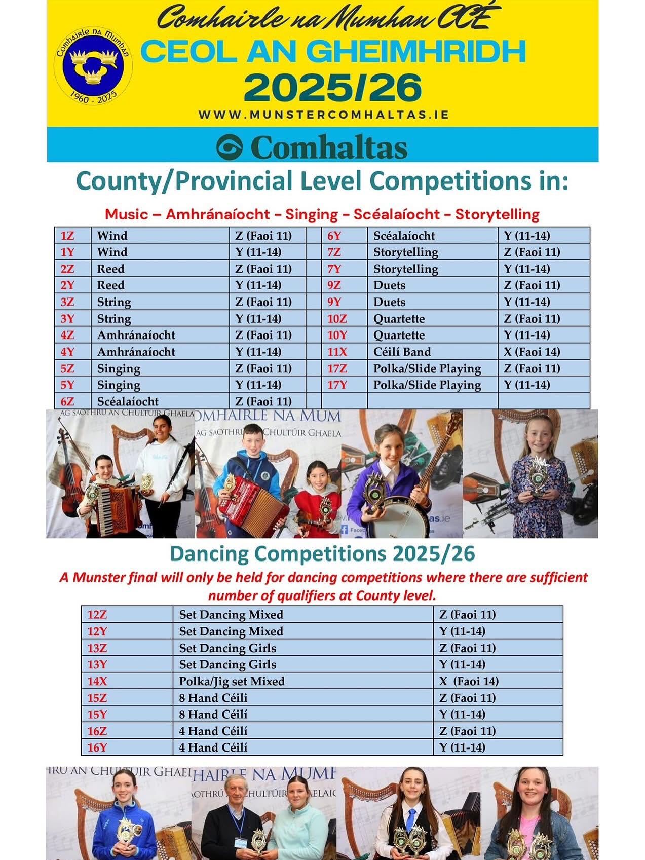 ⭐ Ceol an Gheimhridh ⭐
As the winter nights come in, our attention turns to Ceol an Gheimhridh.
These competitions help to foster music, singing, scéalaíocht and rince in the winter months.
There is a special emphasis on the Polkas & Slides of Munster. Be sure to read the details carefully & contact your branch secretary to enter your county round. ❄️ 🎶