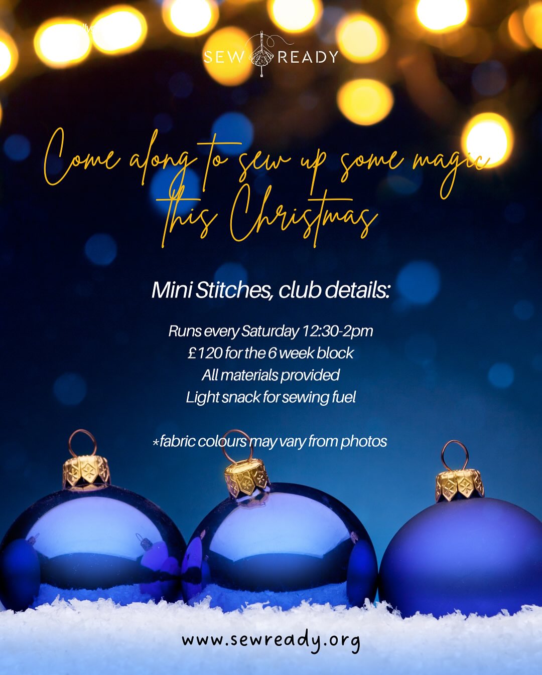 Do you love coming to Sew Ready Camp? ✨
If the answer is yes, then you’re going to adore our Christmas Special! 🎅🧵
This winter, we’re sewing up some festive magic - creating beautiful handmade treasures to decorate your home and enjoy for years to come. Think cosy stitches, Christmas cheer, and that special handmade sparkle! 💫
Join us for a heartwarming festive project filled with creativity, laughter, and plenty of holiday spirit ❤️
Mini Stitches Christmas Sewing Project
⭐ 6-week course | 12:30–2pm | £120
🎁 Make your own Hanging Star, Christmas Gnome & Reindeer Plush Teddy
🙌 Pay as you go options available!
🙋🏽♀️ Suitable for beginners and children aged 7+
Spaces are limited! Visit https://www.sewready.org/registration to sign up now 🎄
Let’s make this Christmas handmade and unforgettable!
- - -
#SewReadyCamp #MiniStitches #ChristmasCrafts #SewingClass #FestiveFun #HandmadeChristmas #SewingWorkshop #CreativeChristmas #CraftCommunity