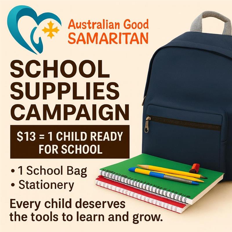 Help Children Start the Year Right 🎒
As the school year begins, many children are in need of support to attend school with dignity and confidence.
For just $13, you can provide a complete school bag that includes:
• 1 School Bag
• 5 Notebooks
• 2 Pencils
• 2 Pens
• 1 Ruler
• 1 Sharpener
• 1 Eraser
❤️ Imagine the smile on a child’s face receiving their new school bag, ready to start the year!
📚 Be part of their journey.
🔗 Donate online https://www.agscharity.org.au/donations
🏦 Or via Bank transfer:
Account Name: AGS
BSB: 033-031
Account Number: 245837
Reference: “School Bag” or your name (for a tax receipt)
Thank you for your kindness and support! 🙏