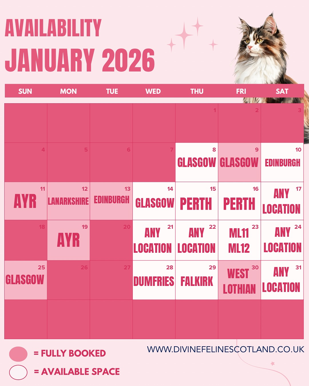 ✨ AVAILABILITY UPDATE ✨
We are now fully booked for the remainder of the year! With January & February filling fast😻
Remember you can book up to a year in advance to secure your spot 🐾
😻Book online at:
www.divinefelinescotland.co.uk