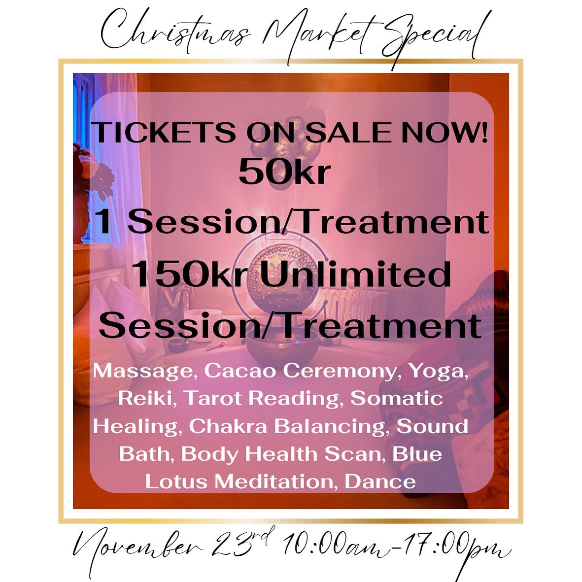 Still Spaces Store & Sacred Space Studio: Christmas Market Special
November 23rd — The Day of the Västerås Christmas Market
So everything is possible in one magical day.
Step into the magic of Christmas by entering a crystal shop of wonder and Sacred Space Studio for a transformative experience.
Still Spaces Store
Discover a magical selection of unique gifts and festive stock with special discounts to help your Christmas budgeting.
Starting next week, you’ll be able to purchase lottery tickets for a chance to win fabulous prizes.
Open doors, warm welcomes, and holiday sparkle all under one shimmering roof.
Cacao, Spicy Cider and cakes available for purchase.
Sacred Space Studio
Immerse yourself in a full day of magical healing events designed to nurture you from the inside out, choose one or more from the following -
Massage
Reiki
Meditation
Yoga
Chakra Healing & Cacao
Sound Bath
Tarot Readings
Ceremonial Circle
Health Body Scanning
Somatic Healing
Embodied Dance
Art by Jenny Sjöberg
Tickets: One Day, One Price, Infinite Possibilities
Buy a single-event ticket to attend any one session for 50Kr
Or, for only 150 SEK, enjoy access to as many events as you can attend throughout the day.
You can come and go as you please — your day, your rhythm, your magic.
Your Hosts
Freya Hjärtström
Martina Kleregård
Erica Söderberg
Jenny Wigren
Anita Van Der Merwe
Nathi Glückspilzchen
Alexandra Kambler
Bitte Eggers
ROS
Jenny Snöberg
Details
Location Still Spaces/Sacred Space Studio Badhusgatan 3D & C (Opposite Klippan Car Park)
Time 10:00 am - 17:00PM
Tickets available on the day or via the website. (Booking in advance is advisable to guarantee your place)
Website: www.sacredspacestudio.se
Ready to Step Into the possible?
Join us at Still Spaces Store & Sacred Space Studio for a Christmas Market Special where wonder, warmth, and wellness collide. One day. Infinite possibilities. See you there! @sacredspacestudio3d @vasterascity @flowes.se @rootsofher @yoga__nita @somaticsymbiosis @soulsagaart @alexandrakambler @ros_theroomofstillness @bitteeggers