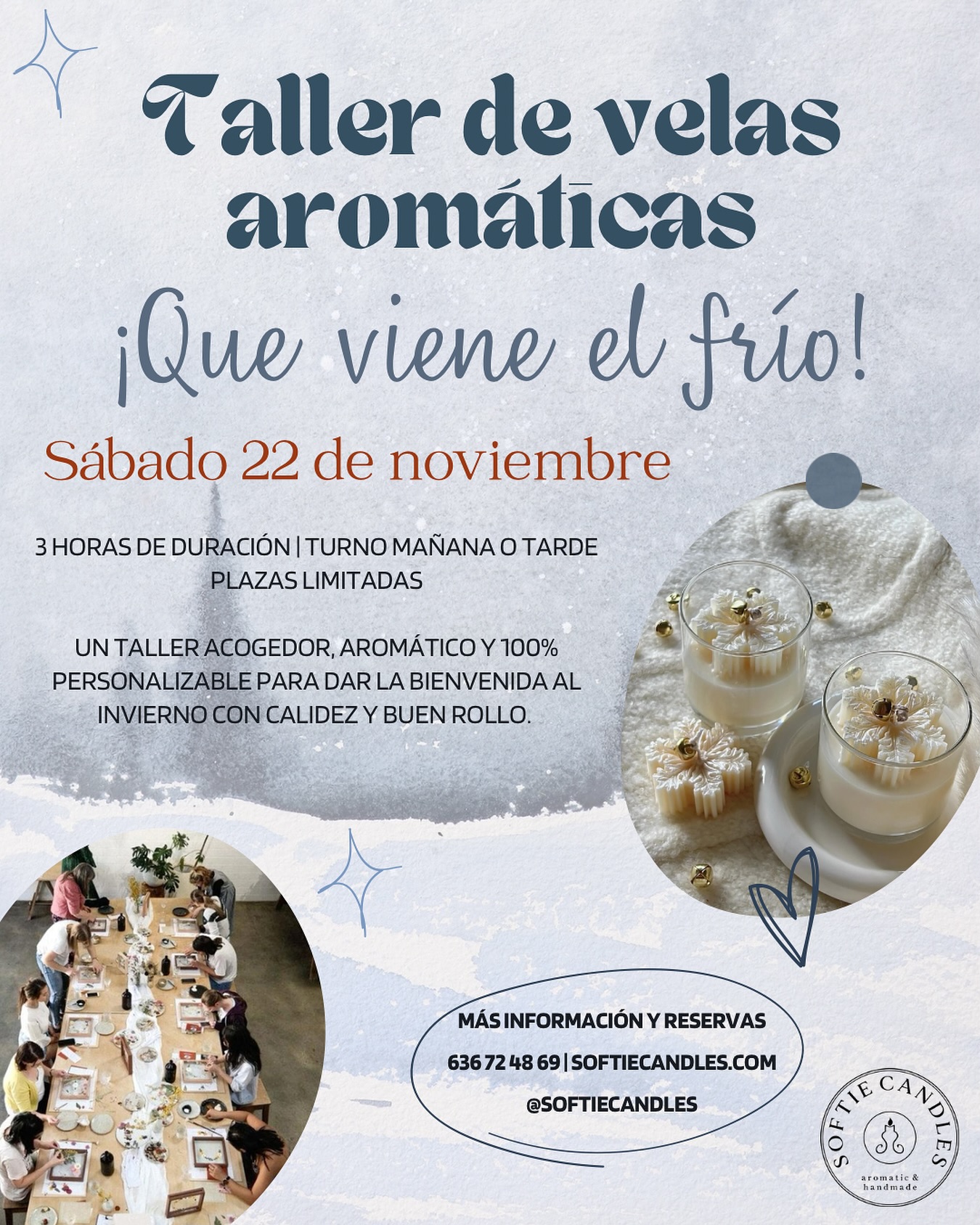 🕯️ Taller de Velas Artesanales: ¡Que viene el frío! ❄️✨
Este sábado 22 de noviembre te invitamos a vivir una experiencia creativa, acogedora y llena de aromas irresistibles 💫
Durante 3 horas aprenderás a crear dos velas artesanales en tarro, totalmente personalizadas en color, aroma y decoración 🌿
Trabajaremos con cera de soja 100% vegetal y fragancias naturales inspiradas en el invierno: vainilla, canela, madera dulce, naranja… 🍊✨
🎁 Incluye:
✅ Todos los materiales y utensilios
🥐 Picoteo dulce y salado
🎁 Regalo sorpresa
💫 Ambiente cálido y relajado
📍 Hotel NH Alicante
🕒 Turnos disponibles:
— Mañana 11:00 a 14:00
— Tarde 17:00 a 20:00
👶 Niños a partir de 9 años pueden participar.
Escríbenos para más información ✨
Plazas muy limitadas — ¡asegura la tuya antes de que se agoten! 💨
Reserva desde nuestra web softiecandles.com o escríbenos por DM para gestionar tu plaza directamente 💌
#TallerDeVelas #VelasArtesanales #SoftieCandles #VelasDeSoja #TallerEnAlicante #ManualidadesAlicante #CeraDeSoja #TallerCreativo #VelasHechasAMano #PlanEnAlicante #TallerDeManualidades