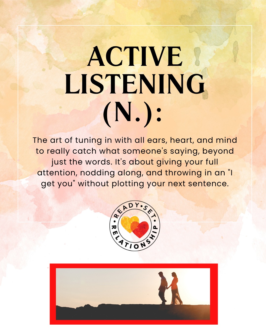 Active listening is more than just waiting for your turn to talk. 👂❤️
It’s eye contact. It’s “I get you.” It’s not mentally drafting your next comeback.
@readysetrelationship teaches couples how actually to hear each other, and it changes everything.
Want to become a better listener (and partner)? Start here 👉 ReadySetRelationship.com
#ActiveListening #RelationshipTools #CommunicationSkills #ReadySetRelationship