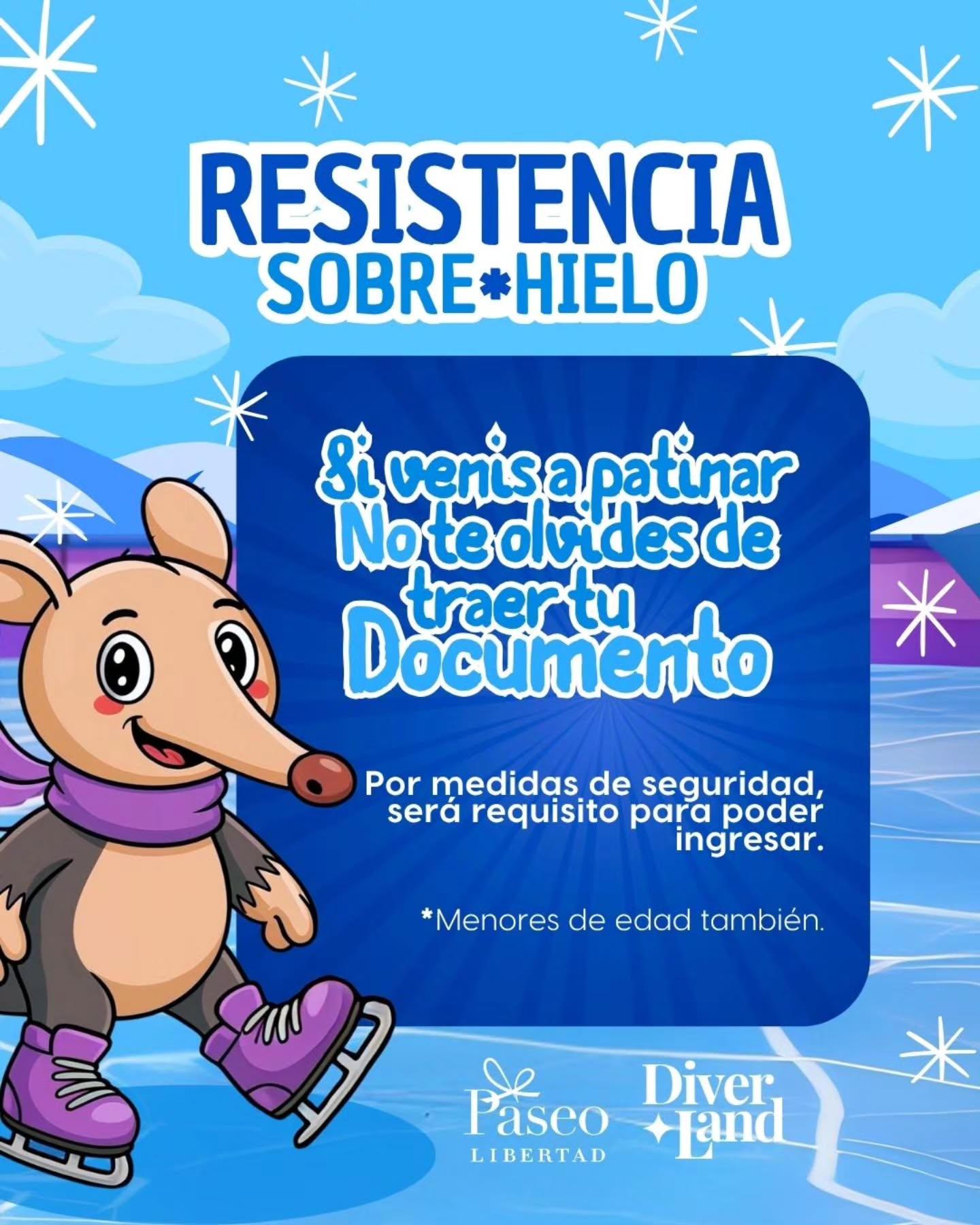 🧊 ¡Resistencia sobre Hielo te espera! ❄️
⛸️ Si venís a patinar, no te olvides de traer tu DNI — será requisito para ingresar por medidas de seguridad.
👉 Recordá que los menores también deben presentarlo.
📍 Paseo Libertad Resistencia
💙¡ Una experiencia única!