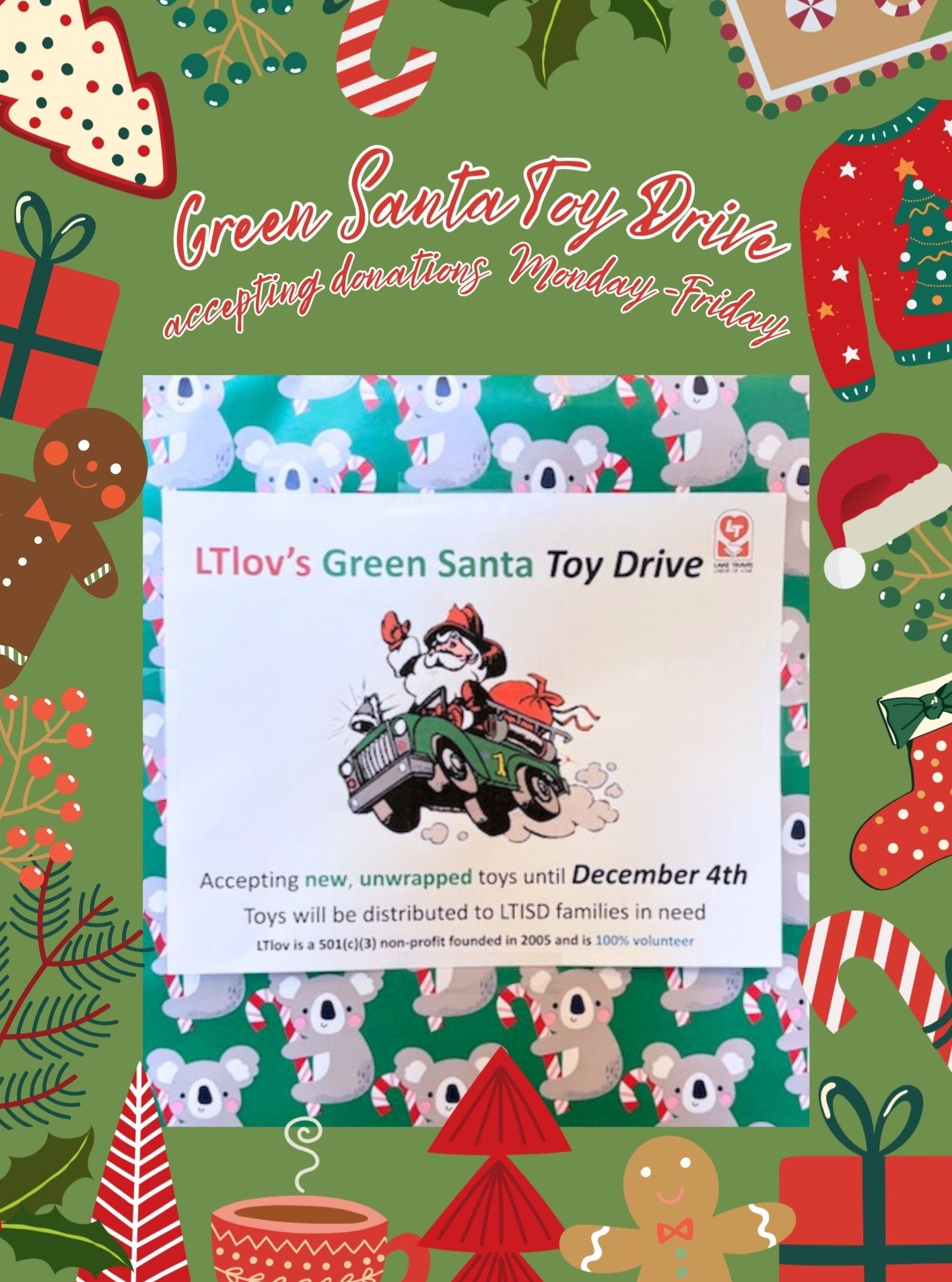 We are participating in Lake Travis Lov's Green Santa toy drive! Stop by our office to donate new unwrapped toys to families in need Monday, Wednesday and Friday 9 AM - 5 PM or Tuesday and Thursday 9 AM - 5:30 PM! 🎁🎅
