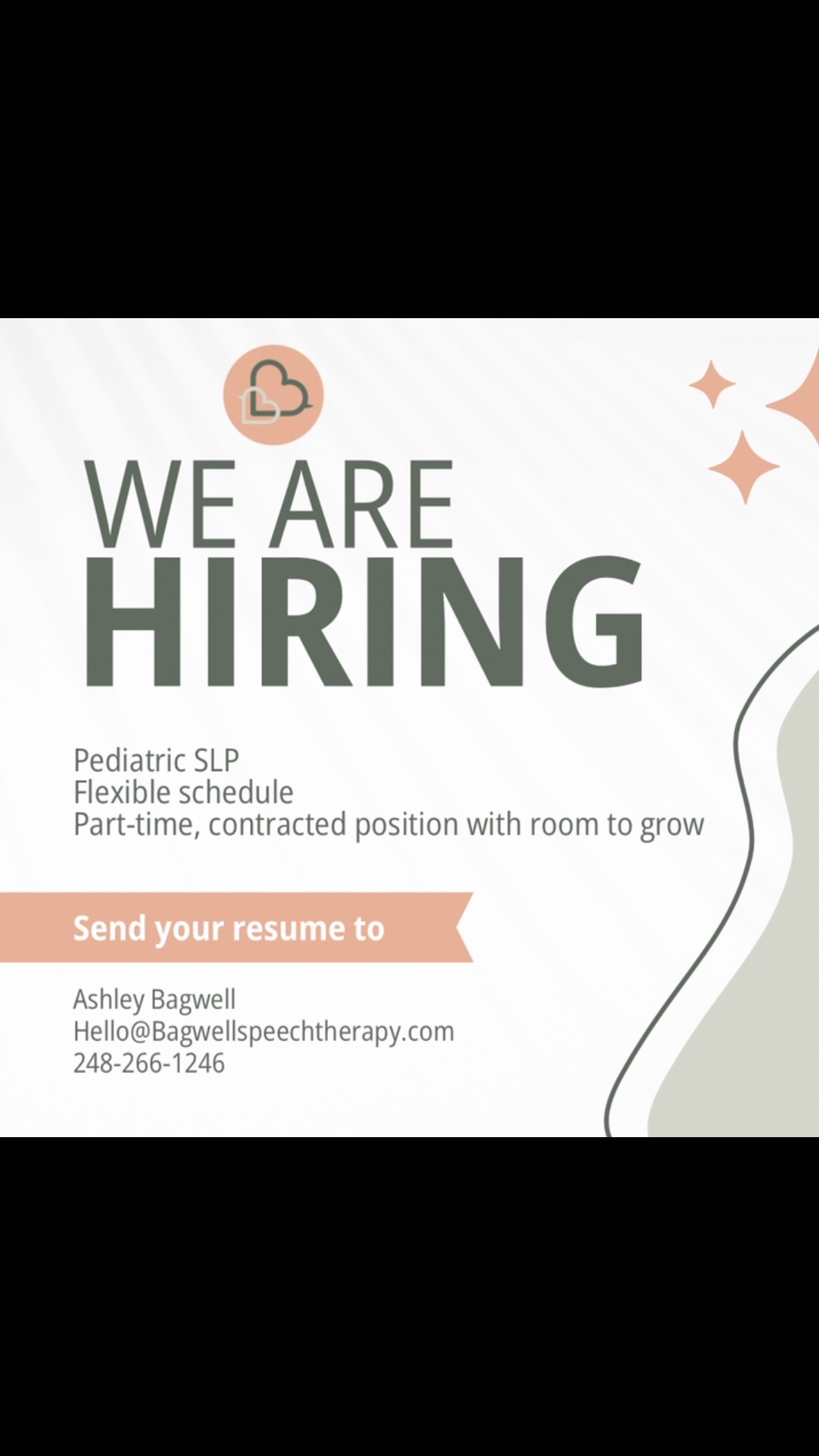 ✨We’re Hiring!✨
Bagwell Speech Therapy is growing, and we’re looking for another amazing Speech-Language Pathologist to join our team! 💬💛
If you’re passionate about play-based therapy, building strong relationships with families, and helping kids find their voice, we’d love to meet you!
🧩 What we offer:
– Supportive, collaborative team
– Flexible scheduling
– Fun, neuroaffirming, child-centered environment
– Opportunities for growth
If you know anyone that may be interested, please pass along the info!
📩 Reach out or email your resume to hello@bagwellspeechtherapy.com to learn more.
#SpeechTherapy #SLP #HiringSLP #PediatricSLP #SpeechPathology #SLPLife #SpeechTherapist #JoinOurTeam