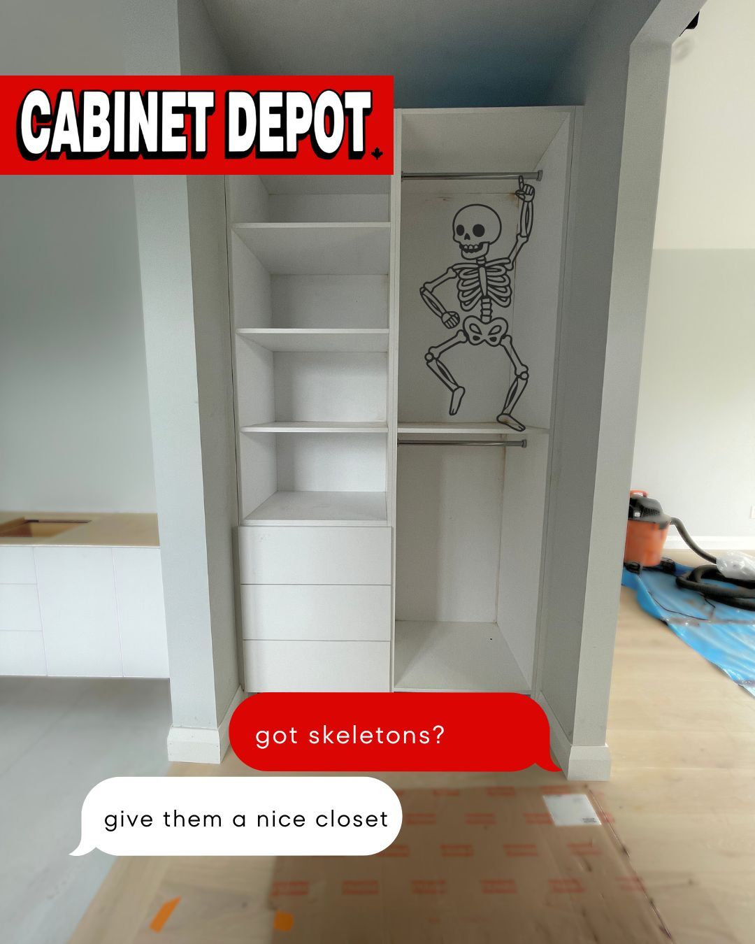 Closet reno so good, even the skeletons approve 👻
#happyhalloween #closetsolutions #customcabinetry #homeimprovement #organization #cabinetdepotcanada