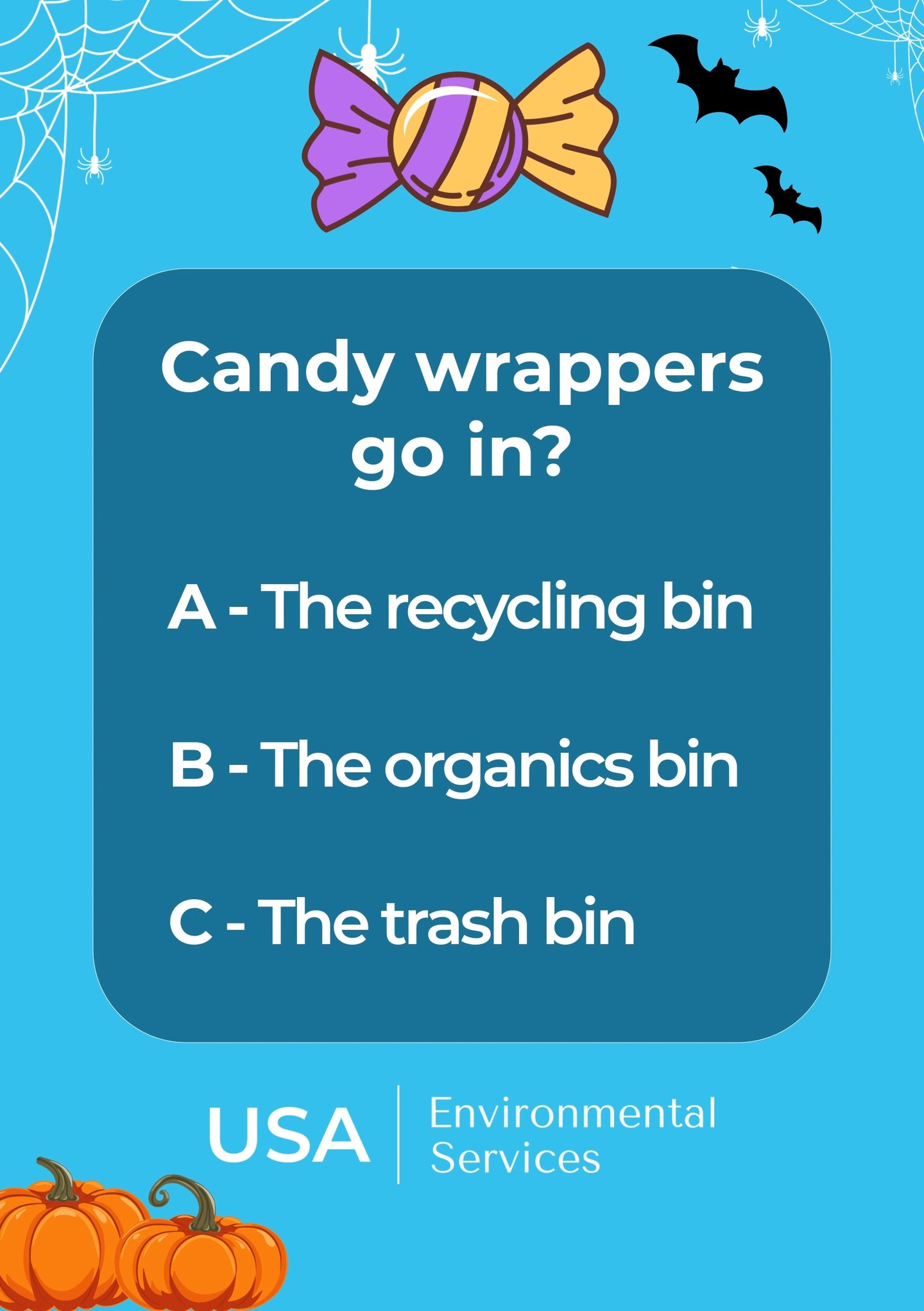Quick quiz! Where should candy wrappers go — recycle, compost, or trash?
#USAENV #HalloweenTips #ZeroWaste #Quiz
