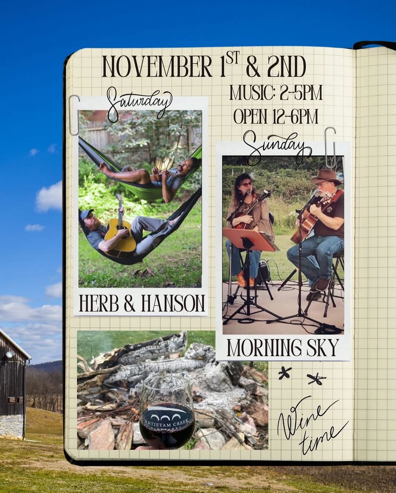 We are kicking off our final month of music for the 2025 season with @herbandhanson on Saturday and @morning_sky7 on Sunday from 2-5pm.
Winery is open 12-6pm. 🍷🎶
#endoftheseason #fall #fallvibes #fallseason #wineoclock #winelovers #harvestseason2025 #fall #fallvibes #fallseason #wineryfun #antietamnationalbattlefield #LiveMusicLovers #livemusicrocks #LiveMusicVibes #winerylife #winery🍷 #winery