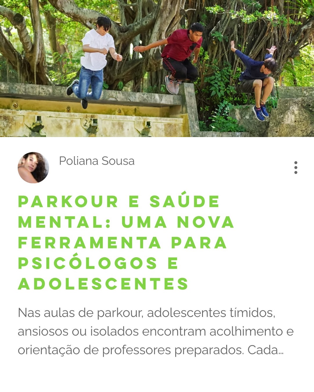 ✨ O parkour pode transformar o acompanhamento psicológico de adolescentes!
Nas aulas, jovens tímidos, ansiosos ou isolados redescobrem confiança, autonomia e pertencimento, tudo com orientação profissional e movimento. 🧠💪
Quer entender como o parkour tem se tornado uma ferramenta poderosa para psicólogos e famílias?
👉 Leia o artigo completo no blog da Drop and Leap!
E entre em contato!
#saudemental #Psicologia #Adolescentes #Parkour #DropAndLeap #BemEstar