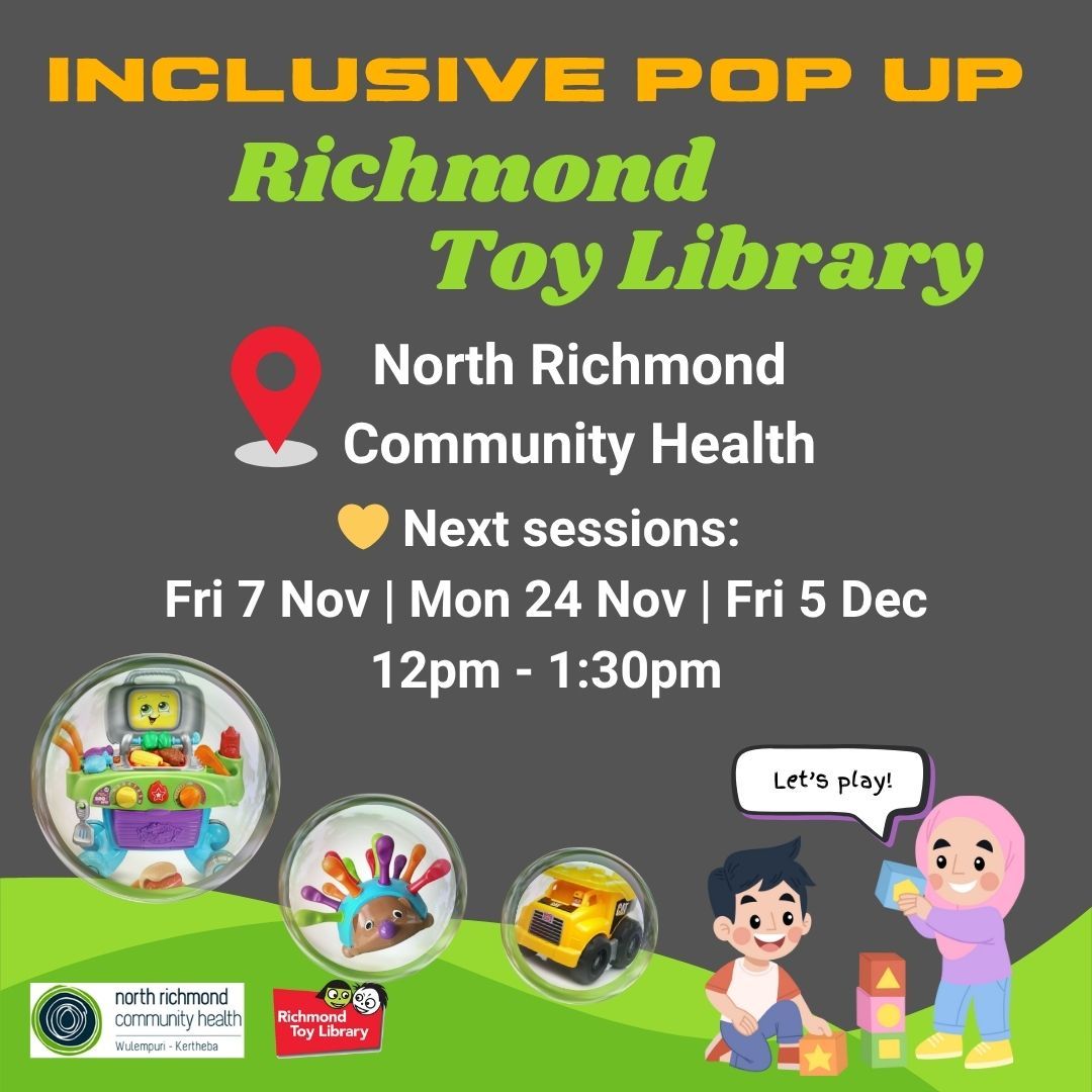 If you missed us last Monday, we’ll be back on Friday 7 November at North Richmond Community Health! 🎉
🕒 12pm – 1:30pm
We’ll bring a small selection of toys for children to enjoy on-site or borrow.
If you’d like to request specific toys, just email us at 📧 info@rtl.org.au
— we’ll do our best to bring them along!
💛 Free for all families – come play, connect, and explore together.
#RichmondToyLibrary #InclusivePlay #NorthRichmondCommunityHealth #PlayMatters #CommunityPlay #RichmondFamilies #YarraFamilies