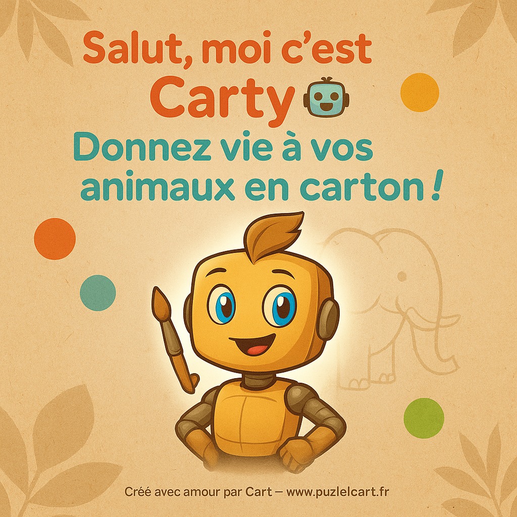 👋 Salut, moi c’est Carty, le petit robot créatif de Cart 🎨
Je t’emmène dans un monde où le carton devient art 🐘🦄🐉
Ici, on imagine, on construit et on personnalise ses animaux en carton 💛
Chaque création devient une sculpture unique, pleine de vie et de personnalité !
❤️ Si toi aussi tu aimes bricoler, peindre et créer de tes mains,
bienvenue dans l’aventure cartonnée !