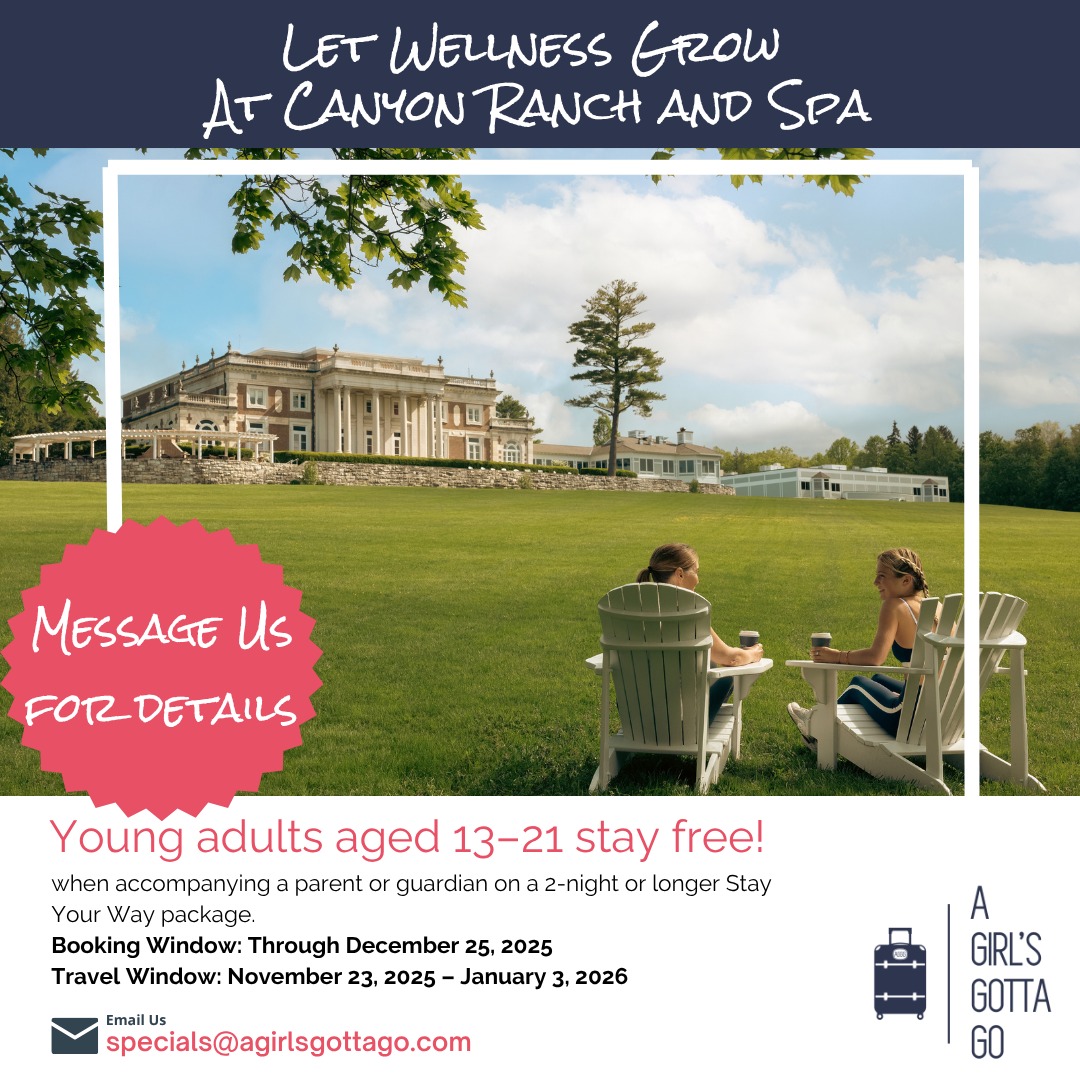 💆✨Calling all Moms and teen daughters, this one’s for you!
This holiday season, rediscover the joy of wellness together with Canyon Ranch’s “Let Wellness Grow” offer. 🌿
Young adults aged 13–21 stay FREE when accompanying a parent or guardian on a two-night (or longer) Stay Your Way package.
Imagine reconnecting over morning hikes, sharing mindfulness moments, and simply taking time to unwind and recharge, the perfect way to nurture well-being across generations. 💖
🗓️ Book by: December 25, 2025
🏞️ Travel between: November 23, 2025 – January 3, 2026
✨ Don’t miss this chance to create meaningful memories with your teen this holiday season.
Message A Girl’s Gotta Go for more details and to book:
📧 specials@agirlsgottago.com
#AGirlsGottaGo #CanyonRanch #WellnessTravel #MotherDaughterTrip #HolidayWellness #TravelTogether