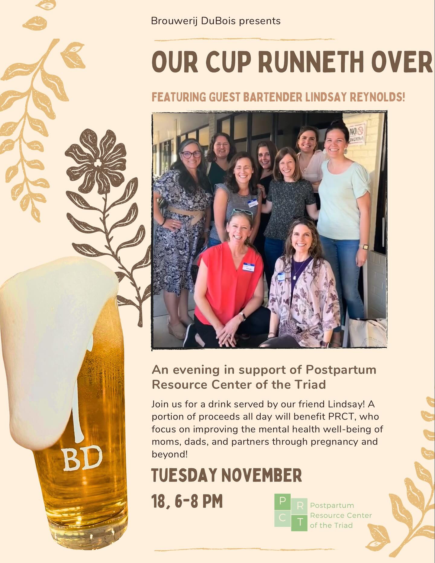 We can’t wait to see you at Brouwerij Dubois for their November “Our Cup Runneth Over” evening, Tuesday Nov. 18th, from 6-8 pm.
A portion of the proceeds from this event goes directly back to PRCT. Come out and ask questions, learn about what PRCT does, and make a contribution of your own.
The food truck South of Brooklyn will be there serving tacos, nachos, and burrito bowls. Brouwerij Dubois has something for everyone. We would love to have you join us there!