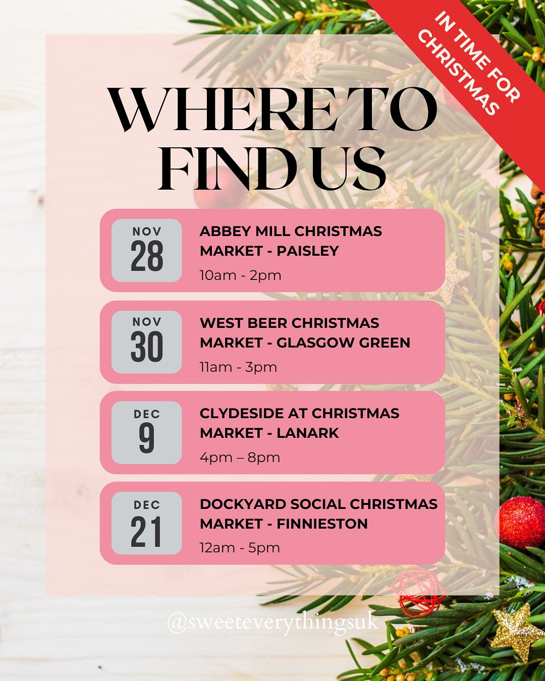 📆 Where to find Sweet Everythings at the Christmas markets this season!👇🏼 Coming to a Glasgow Christmas market near you!
🍰 Abbey Mill Christmas Market - Friday 28 November, 10am - 2pm
📍 @abbeymillbusinesscentre Mile End Mill, 12 Seedhill Road, Paisley, PA1 1JS
🧁 West Beer Christmas Market - Sunday 30 November, 11am - 2pm
📍 You’ll find us at the @west.beer Templeton Building, Glasgow Green G40 1AW
👩🍳 Clydeside at Christmas Market - Tuesday 9 December, 4pm - 8pm
📍 You’ll find us at @makersmerchantsmarkets Lanark Agricultural Centre, Hyndford Road, Lanark ML11 9AX
🍰 Dockyard Social Christmas Market - Sunday 21 December, 12am - 5pm
📍 You’ll find us at @dockyardsocial 95-107 Haugh Road, Glasgow G3 8TY
We’ll be loaded up with Christmas goodies, everyone’s favourite treats and stacks of sweet things to share and gift. Come down and have a bite and get ready to tick something delicious off of your Christmas wish list! 🎁🎄🎅