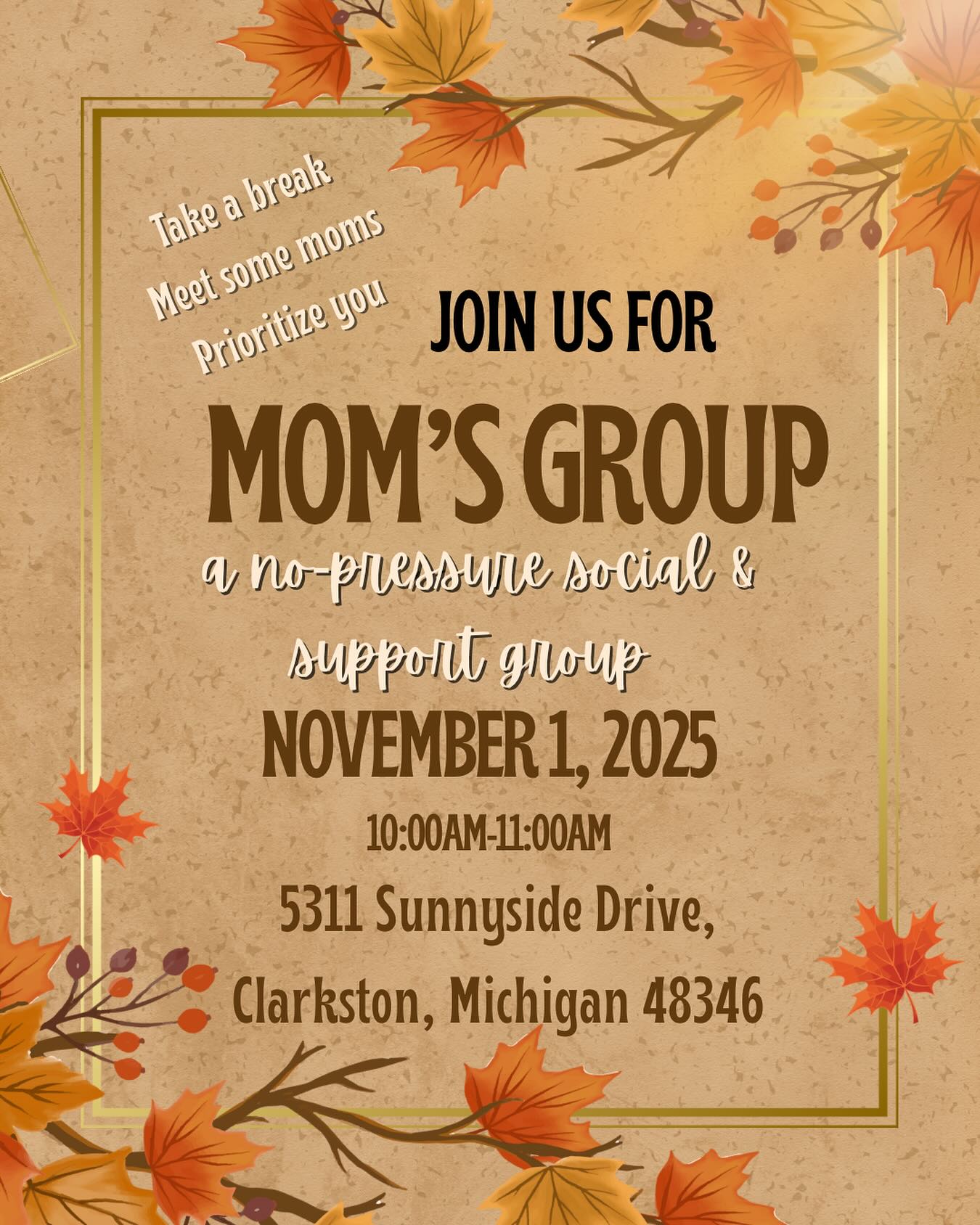 Hey Moms!! Join us this Saturday for a group just for you!
We chat, we support, we take a break from it all
The first Saturday of each month at 10am