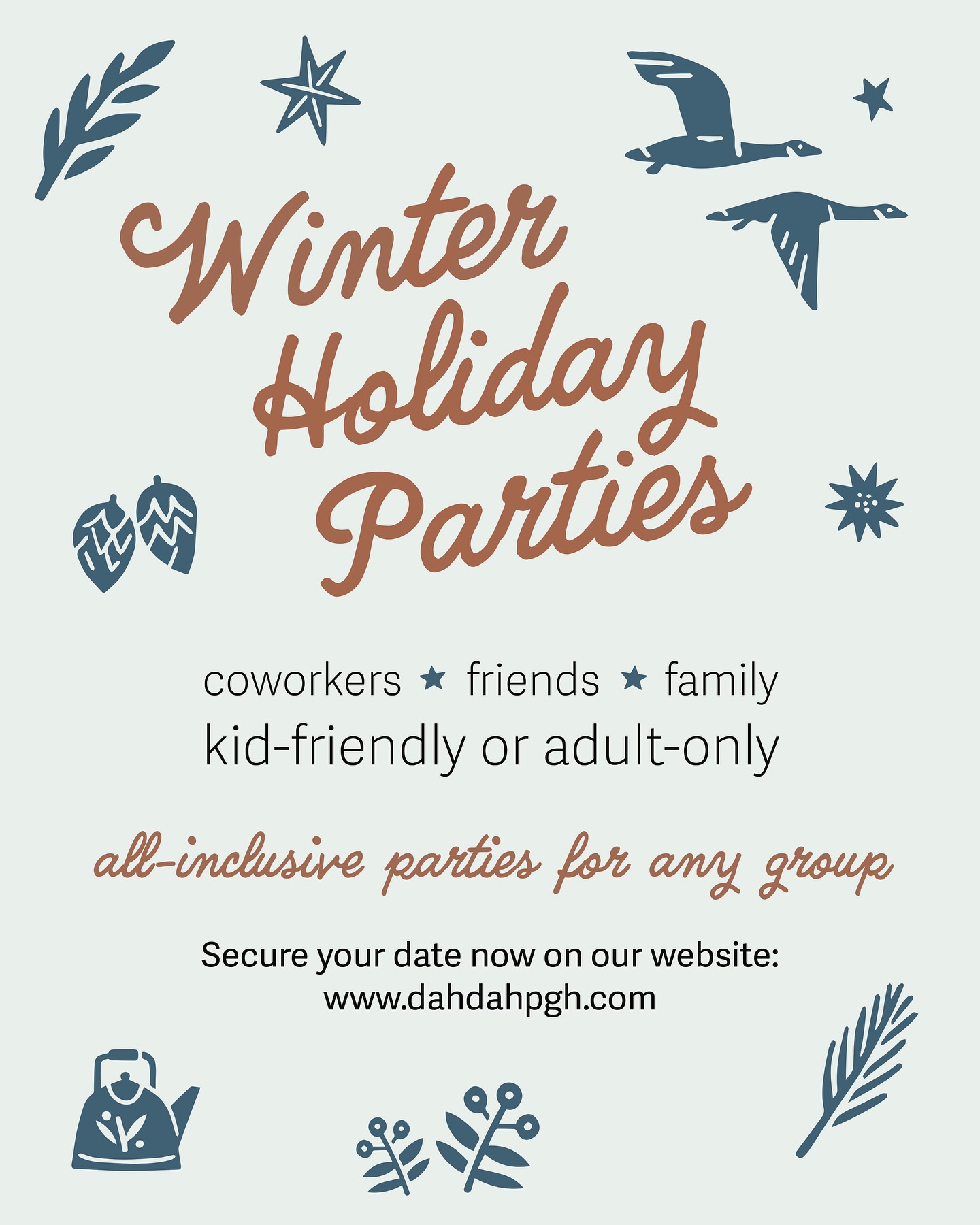 Introducing Winter Holiday Parties at Dah Dah! Are you in charge of planning your office or friend-group holiday party? We’re here to help. Our all-inclusive parties are designed to be easy AND fun with two options: adult-only or kid-friendly. Check out all the details and book right on our website!