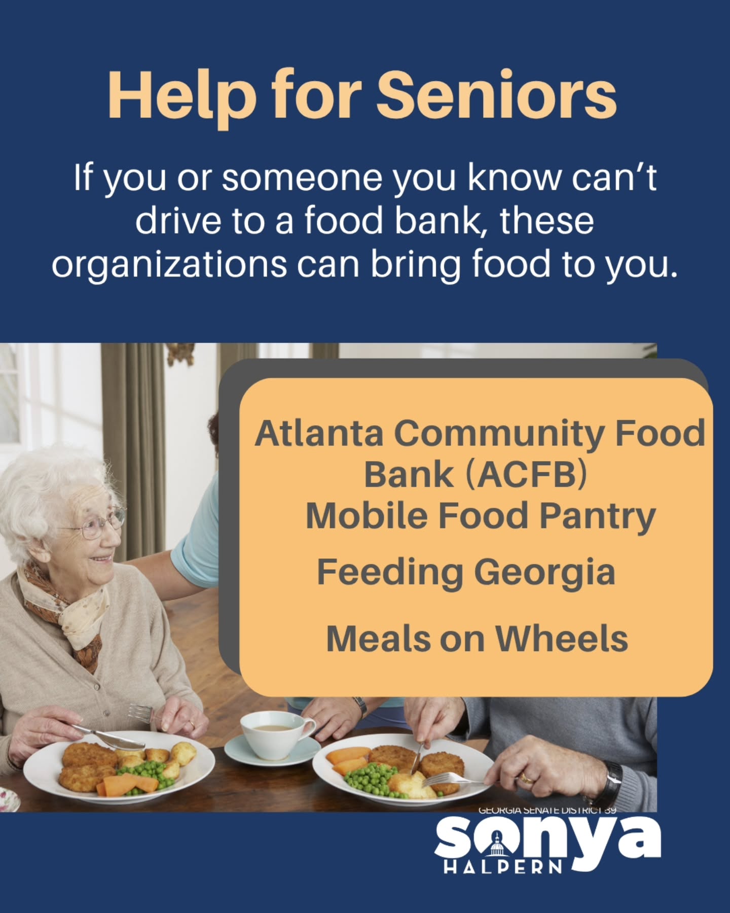 Many of Georgia’s seniors are homebound, without transportation, unable to reach food banks.
Georgia has the people, trucks, and food — what we need is coordination. I’m calling on Governor Kemp to use state emergency resources to create a state-facilitated mobile food-bank network that reaches those who can’t reach us. No child should go hungry, no senior should be shut out.
If you know someone who needs food delivered, check out these organizations. If you have the ability, please donate to your local food bank/pantry. And if you have time, please volunteer.
#SupportOurSeniors #GovtShutdown