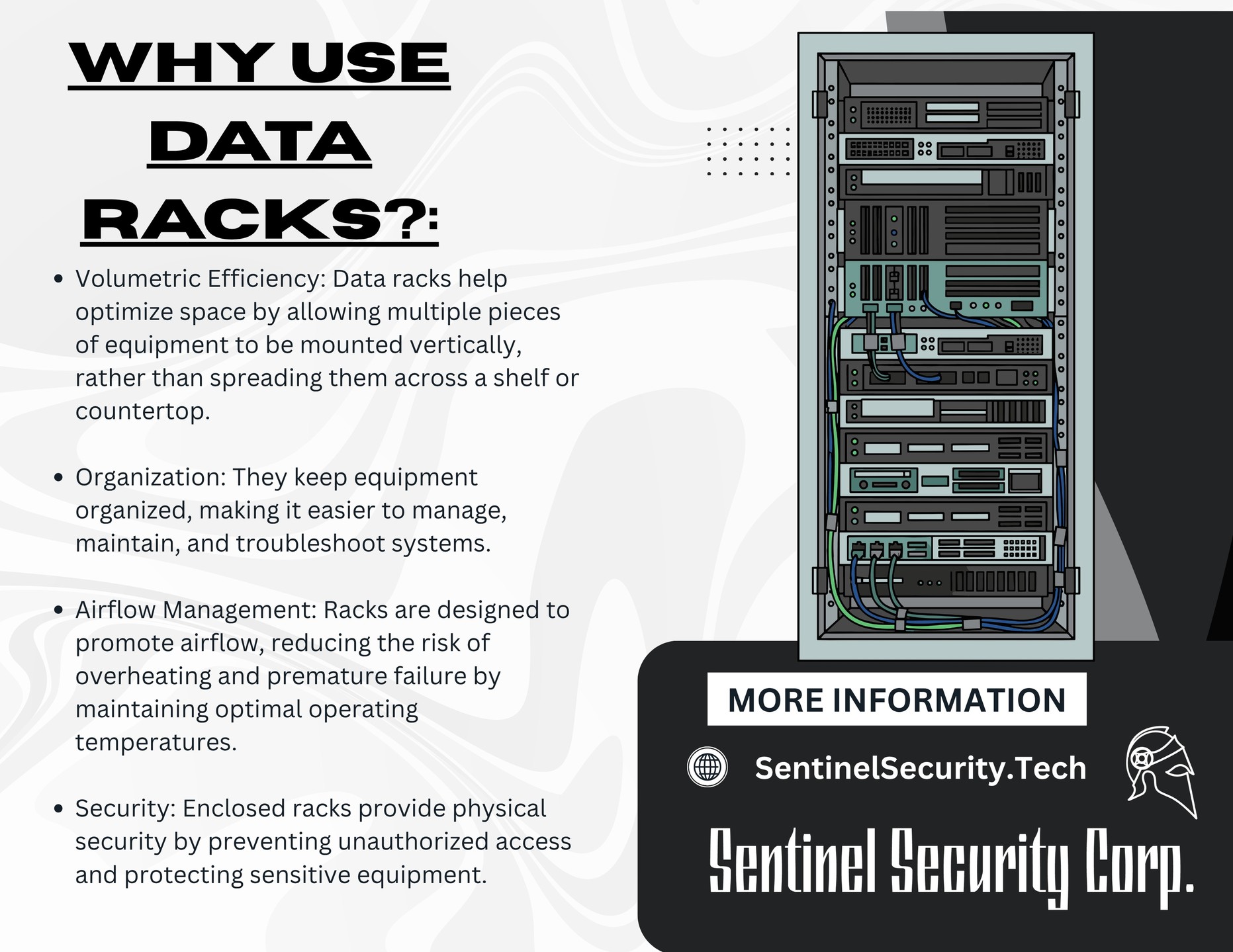 Why Use Data Racks?:
Volumetric Efficiency: Data racks help optimize space by allowing multiple pieces of equipment to be mounted vertically, rather than spreading them across a shelf or countertop.
Organization: They keep equipment organized, making it easier to manage, maintain, and troubleshoot systems.
Airflow Management: Racks are designed to promote airflow, reducing the risk of overheating and premature failure by maintaining optimal operating temperatures.
Security: Enclosed racks provide physical security by preventing unauthorized access and protecting sensitive equipment.
If you're interested in keeping your home or business safe and secure contact us today by visiting our website : sentinelsecurity.tech
#homesecurity #securitysystem #security #smarthome #surveillance #securitycamera #accesscontrol #securitycameras #technology #safety #camera #home #alarm #smartlock #alarmsystem #smarthometechnology #longisland #smallbusiness #businessowner #commercial #residential