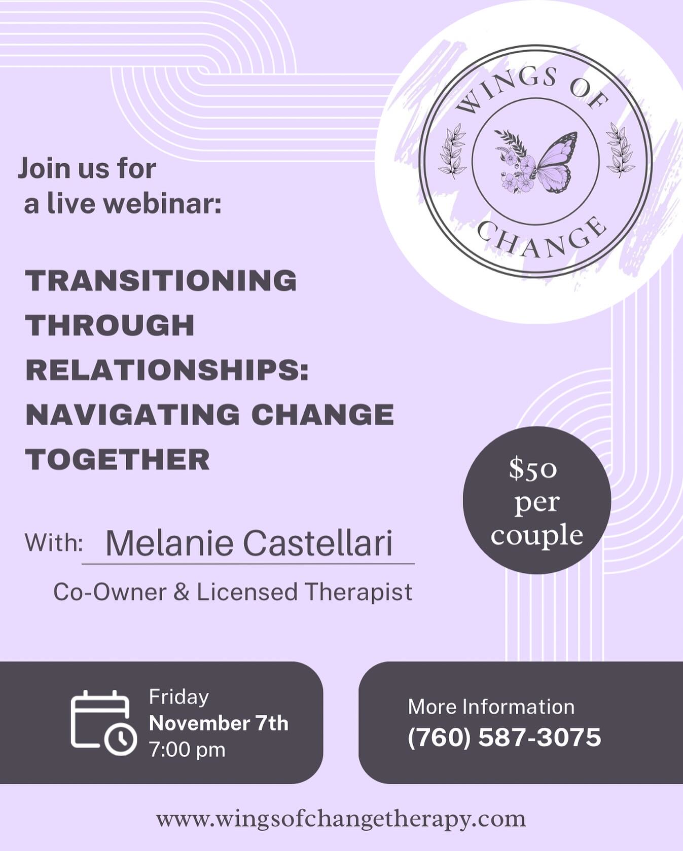 Hello Friends!
⏳ We’re just four days away from an important conversation on relationships and change!
Join Melanie Castellari, Co-Owner of Wings of Change Therapy, as she leads “Transitions Through Relationships: Navigating Change Together.” This webinar will provide supportive, real-world tools for couples looking to strengthen their bond in times of transition.
💌 Reserve your spot today and be part of this heart-centered discussion.
4. Supporting Each Other During Transitions
* Recognizing & validating emotions
* Acknowledging feelings
* Nonjudgmental acceptance
* Seeking help
* Professional counseling
* Support groups
* Celebrating growth & new beginnings
* Recognizing milestones
* Embracing new phases
#TransitionsThroughRelationships
#NavigatingChangeTogether
#RelationshipWellness
#PartnershipGrowth
#StrongerTogether