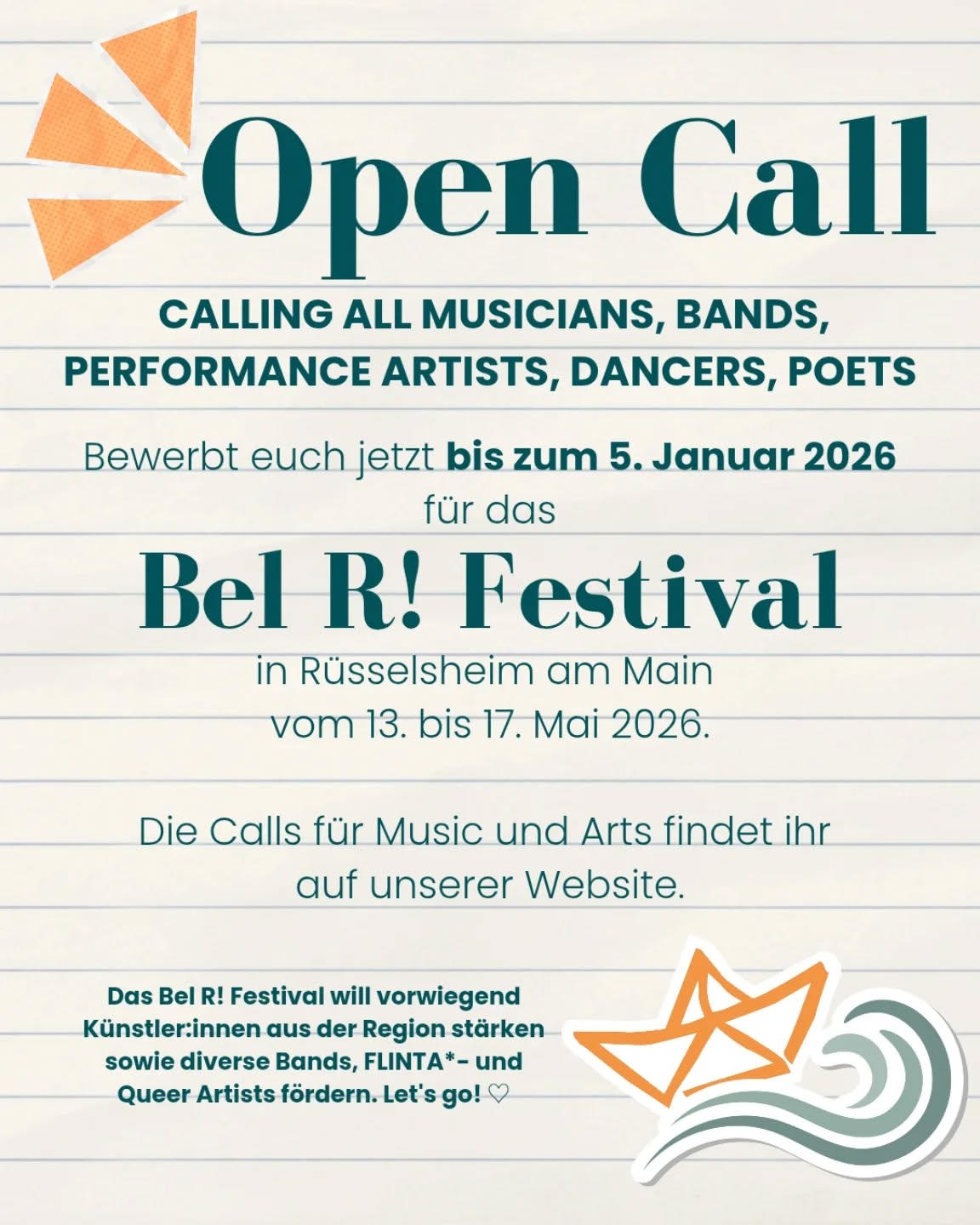 📣 CALLING ALL MUSICIANS, BANDS, PERFORMANCE ARTISTS, DANCERS, POETS!
✨ Unsere Calls für das nächste Bel R! Festival 2026 vom 13. bis 17. Mai 2026 sind ab sofort online. Auf unserer Website (und im Linktree in der Bio) findet ihr unter www.bel-r-festival.de/mitmachen-musik bzw. unter www.bel-r-festival.de/mitmachen-performance alles, was ihr wissen müsst und könnt euch direkt bewerben.
🗓️ Bewerbungsschluss ist am 5. Januar 2026!
😌 Das Bel R! Festival will vorwiegend Artists aus der Region stärken sowie diverse Bands, FLINTA*- und Queer Artists fördern. Wir freuen uns auf all eure Bewerbungen 🧡
.
.
#belrfestival #festival #kulturfestival #rüsselsheim #kultur #innenstadt #performance #zukunftinnenstadt #zukunft #konzert #rheinmaingebiet #kulturfestival #motorcity #rüsselsheimammain #sturmfrei