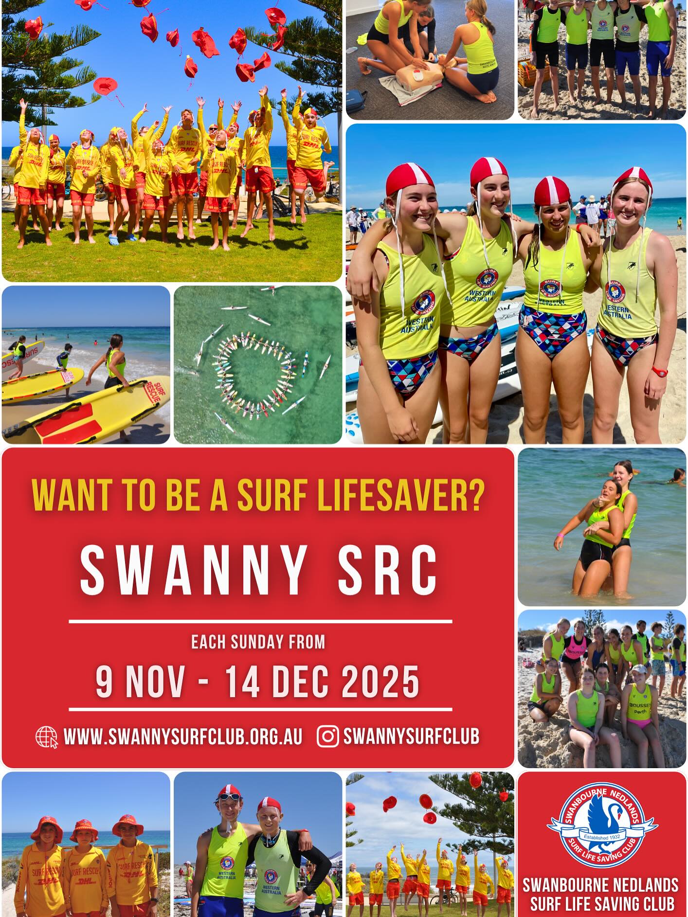 ⛱️Surf Rescue Certificate⛱️
Swanny is running a Surf Rescue Certificate (SRC) course from 9 November - 14 December, with sessions every Sunday morning. Become a life saver!
SRC is an entry level award to becoming a volunteer surf life saver, and keeping our beach safe in the iconic red and yellow uniform. SRC is typically taken by Youth who are 13+ and moving out of the Woodside Nippers program, or are new to lifesaving. SRC candidates learn resuscitation, surf awareness, rescue techniques, how to respond in emergency situations and more - gaining skills that could say lives!
Once complete you can patrol our beach, and continue your development as part of the Swanny Youth Program.
If you’re ready to embark on your surf lifesaving journey by achieving your SRC you can join through the link in our bio. Please contact us at admin@swannysurfclub.org.au, or 9384 0020, for any enquiries about the SRC course.
#swanny #snslsc #sIswa #swimbetweentheflags
#swanbourne #nedlands #ourbeach #mybeach #sro #surfrescuecertificate #lifesaving #volunteering