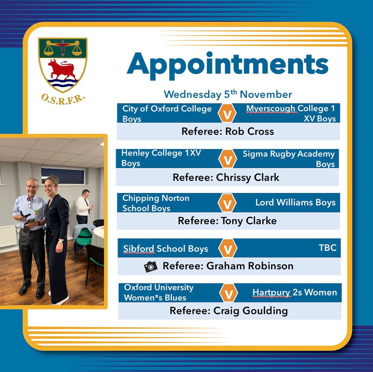 Back to the usual busy-ness of appointments again as the Men’s leagues continue and we even have an exchange for one of our lower level referees to our neighbours @berkshire_rugby_refs
I’m hoping things stay as they are for now, but that’s rarely the case as we had a call out today for a referee on Wednesday (tbc but please check back as it’s been sorted now), so I’ll try and keep you all updated.
@banbury_belles @northampton.casuals.rfc @henleyhawkswomen @aylesbury_rugby_girls @gosfordallblacks @kenilworthwomensrugby @didcotrufc @witney_angels_rfc @andover_ladies_rfc @chinnorkites @readingwomenrugby @henleyhawks @witneyrfc_official @abbeyrugbyclub @wallingfordrfc @readingrfc @littlemore_rugby_club @abingdonrufc @oxfordrfc @chipping_norton_rfc @bicesterrufc @wildboysoutlaws_crfc @abingdon_rugby @stedwardsoxford @farnhamroyalrfc @abbeyrugbyclub @mcsoxford @banburyrugbyclub @hungerford_rfc @wearesilverbacks @newbury_rfc @wallingfordrfc @buckingham_rufc_official_ @ourfc_blues @rafrugbyunion @oburfcwomen @curufc @ourfcwomen @hartpuryuwrfc @sibfordsport @cnsrugby1xv @henleycollegerugby @cityofoxfordcollege
#keepyourbootson #bepartoftheteam🌹 #seeitbeitrefit🌹 #whistleblowers #takeupthewhistle #rugbyrefereeappointments #rugbyreflife