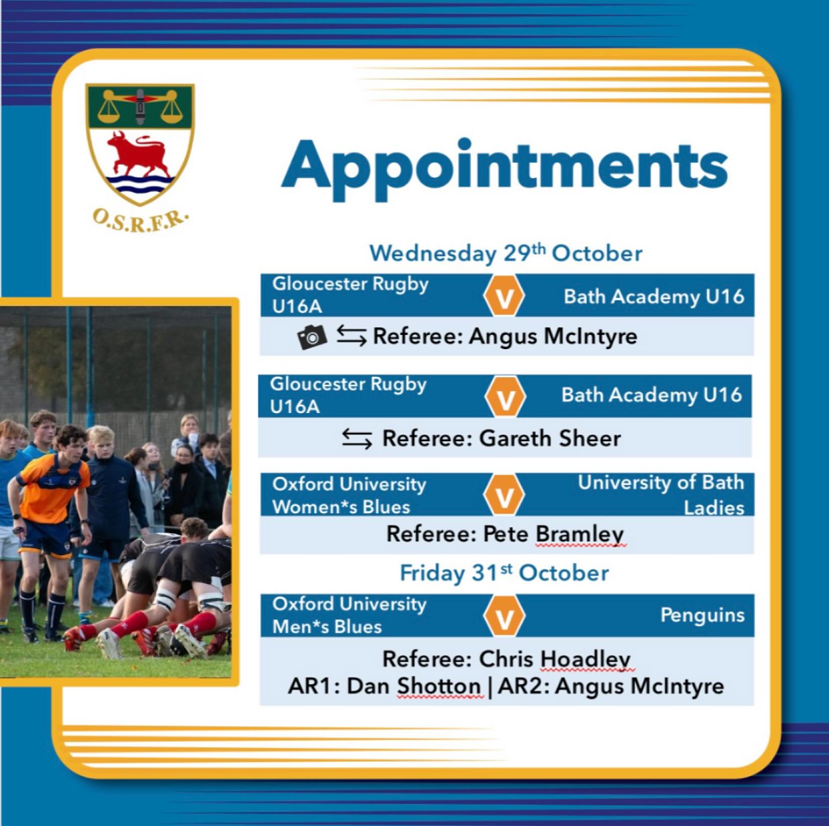 It’s half term, so very few schools games this midweek, but a couple of our referees are heading over to @grfurugby
There are still a few matches to be confirmed this weekend as November is proving a particularly tricky month for us, so if you’ve not dusted off your whistle this season, you’d be more than welcome to help out.
#keepyourbootson #takeupthewhistle #bepartoftheteam🌹 #seeitbeitrefit🌹