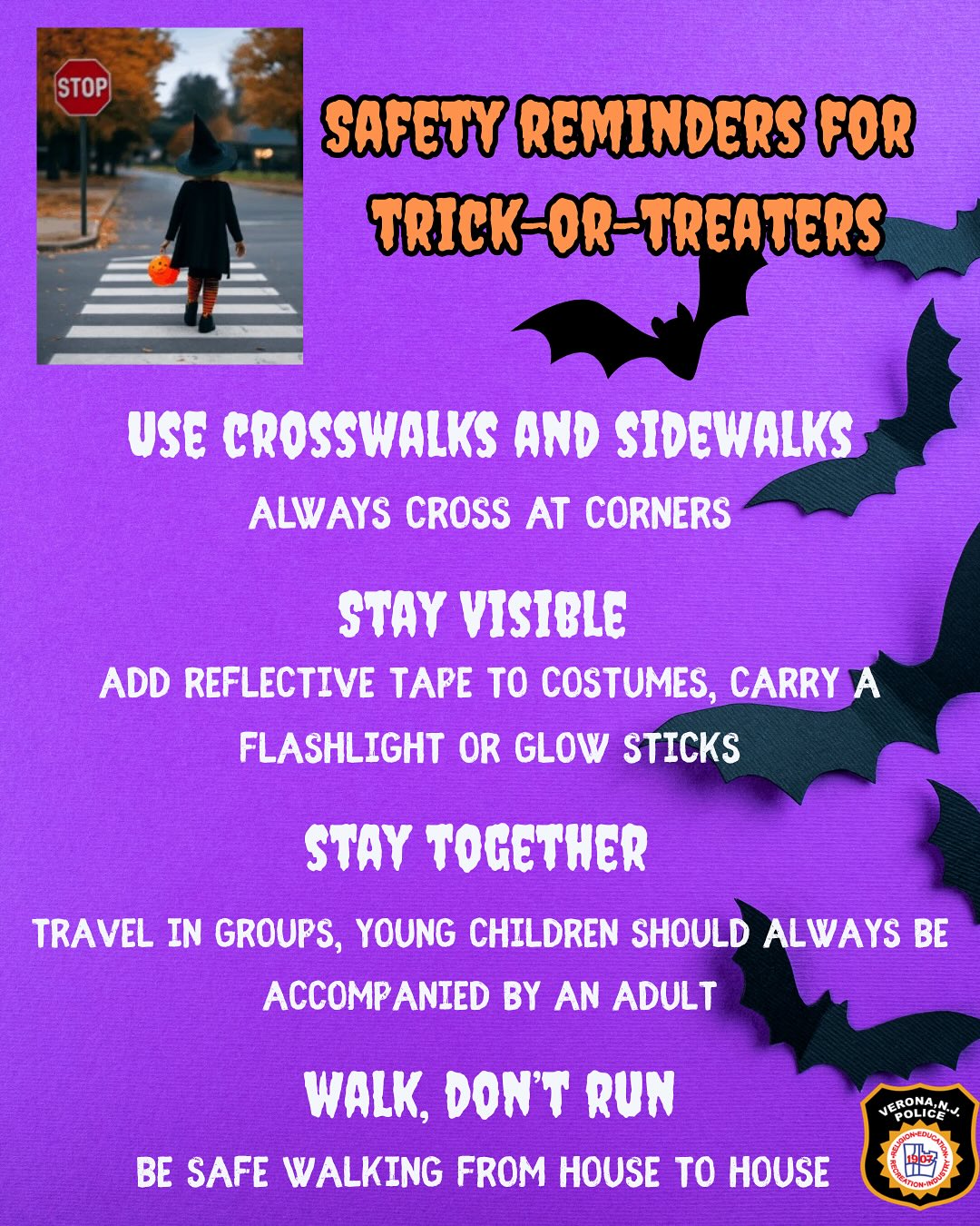 Watch out for witches, ghosts, and goblins!
This Halloween, keep our Verona streets safe — drivers, slow down and stay alert!
Pedestrians, make sure you’re visible and cross safely!
Let’s make this a safe and spooktacular Halloween night! 🎃
#VPD #SafeHalloween #veronapolice