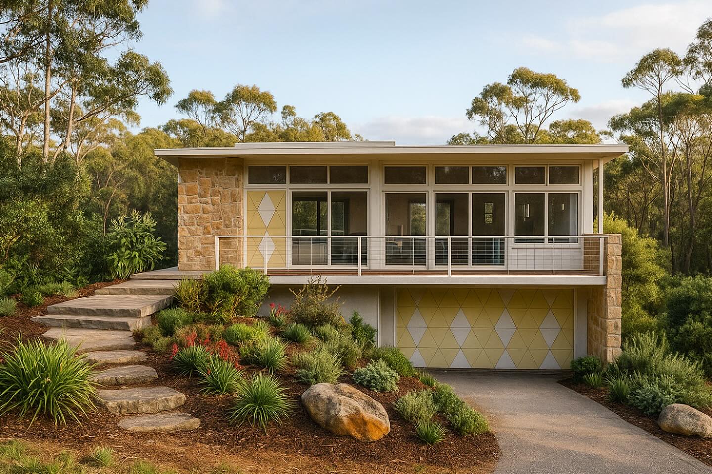 New build in the design phase. Mid century inspired design. Main focus to ensure passive design goals are achieved through solar orientation and eave depths. #new build #architect #midcenturyarchitecture #southcoastarchitecture #minimalistarchitecture #flamezone