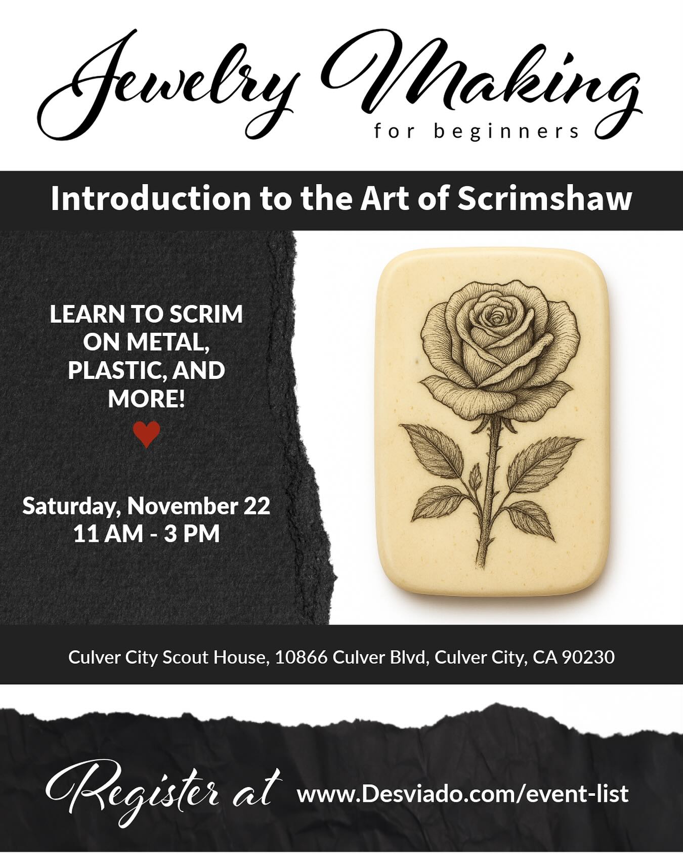✨ Discover the Old Art of Scrimshaw! ✨
Join me on Saturday, November 22nd for a hands-on workshop where we’ll dive into the timeless craft of scrimshaw. We will be learning to apply this intricate art on materials like stone, pearl, metal, and plastic.
Whether you’re a jewelry maker, lapidary artist, or simply curious to learn a beautiful, old-world skill, this class will open up a whole new way to express your creativity.
What is even better is that you wont need to spend lots of money to get started on your own. You probably already have the tools on hand to keep creating after you leave the workshop.
💎 You’ll learn techniques you can use to personalize your jewelry, elevate your craftsmanship, and add unique detail to your pieces.
🎨 No experience needed — just bring your curiosity and imagination!
💰 $70 per person
📅 Saturday, November 22
🕰️ Limited spots available — come create, carve, and connect!
.
.
.
#JewelryWorkshop
#LapidaryArt
#JewelryMakingClass
#ArtisanJewelry
#HandmadeJewelry
#CraftWorkshop
#CreativeWorkshop
#JewelryDesign
#ArtisanSkills
#MakerCommunity
#ScrimshawArt
#EngravingArt
#OldWorldCraft
#TraditionalArts
#EngravedJewelry
#MiniatureArt
#FineCraftsmanship
#LearnSomethingNew
#WeekendWorkshop
#CreativeCommunity
#HandsOnLearning
#ArtClassesLA
#DIYArt
#SupportLocalArtists